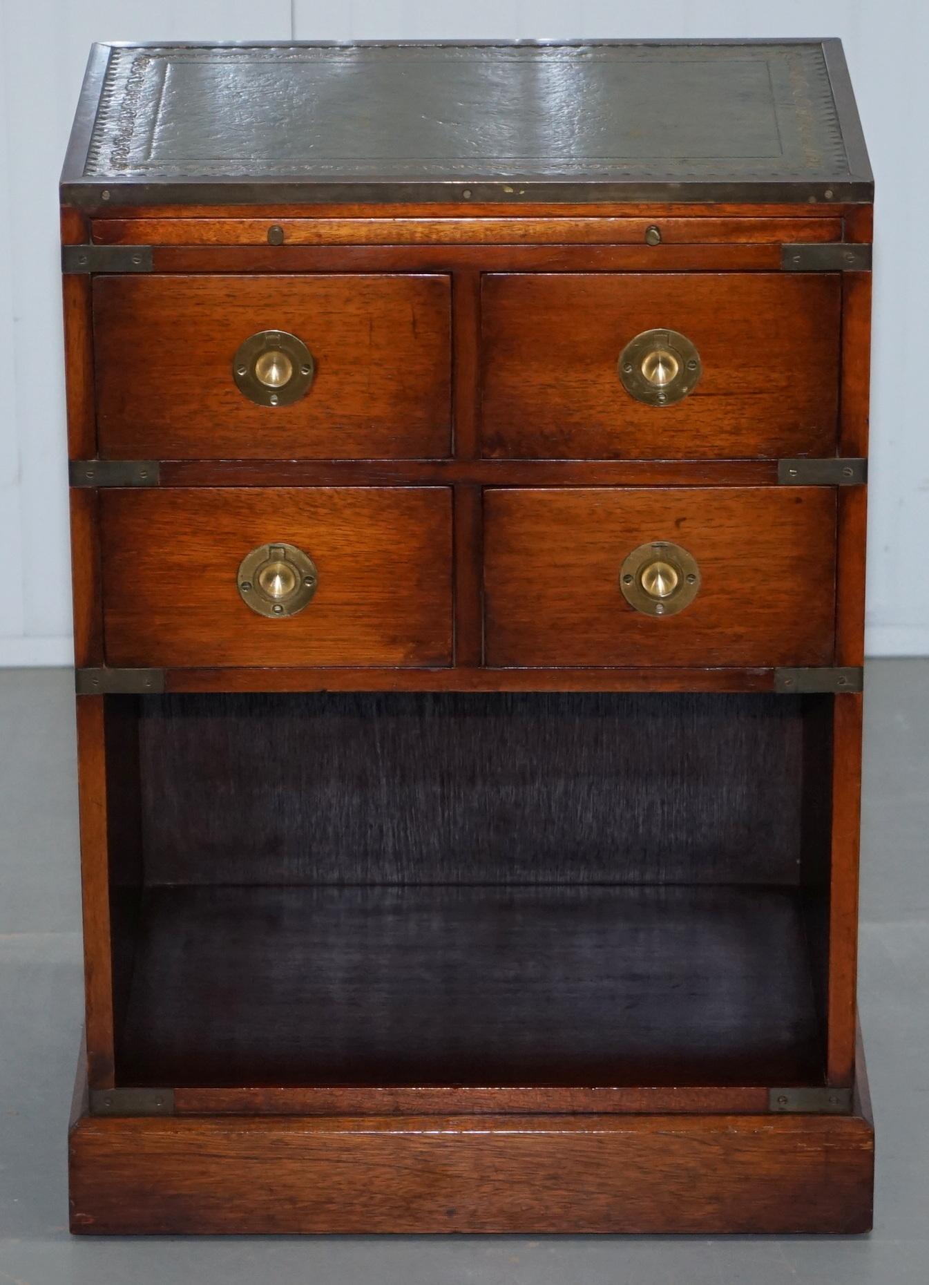 Mid-Century Modern Mahogany Campaign Style Side Table Drawers Green Leather Butlers Serving Tray