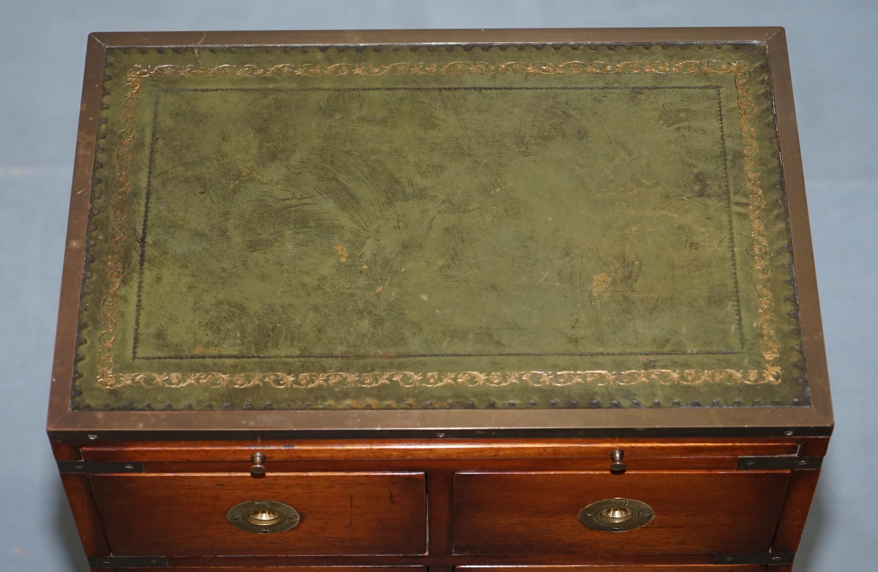 Hand-Carved Mahogany Campaign Style Side Table Drawers Green Leather Butlers Serving Tray