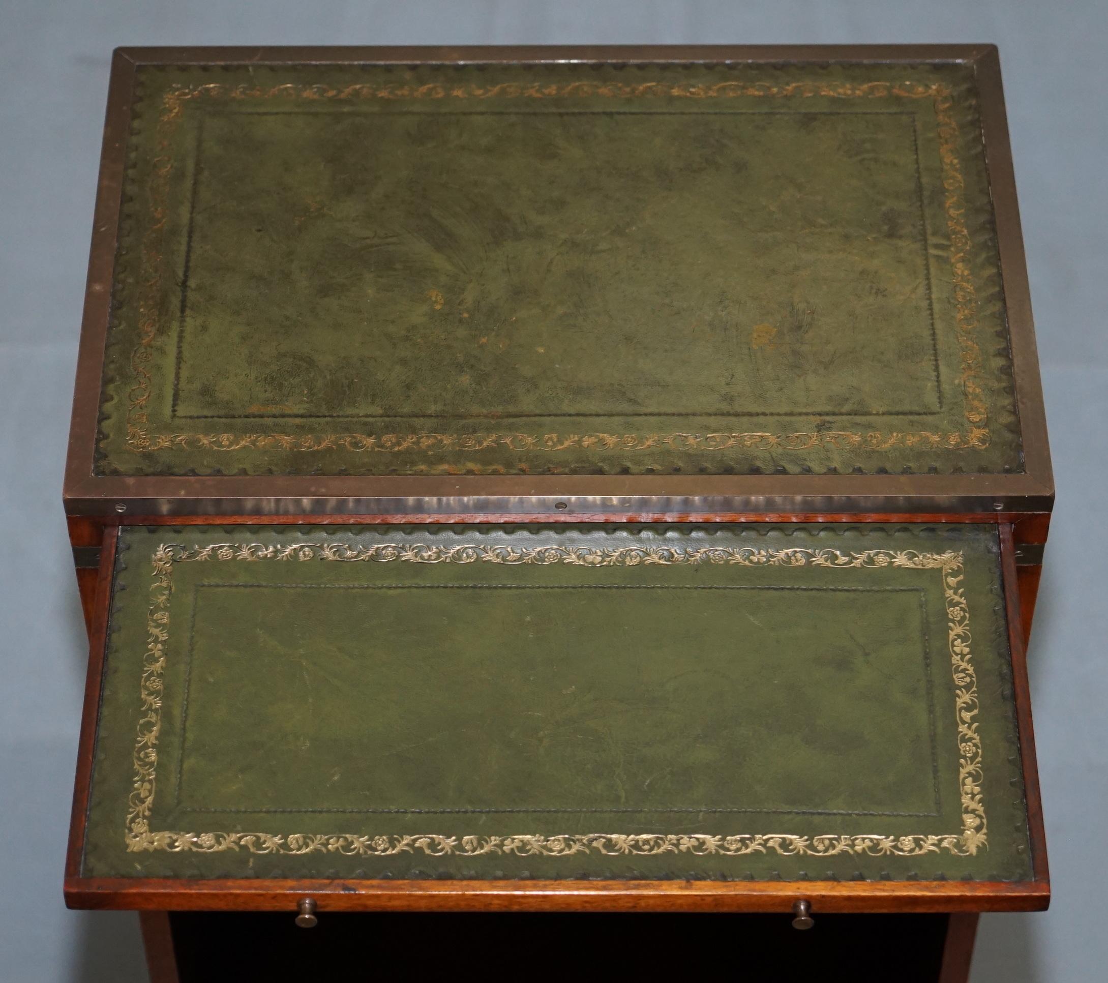 20th Century Mahogany Campaign Style Side Table Drawers Green Leather Butlers Serving Tray