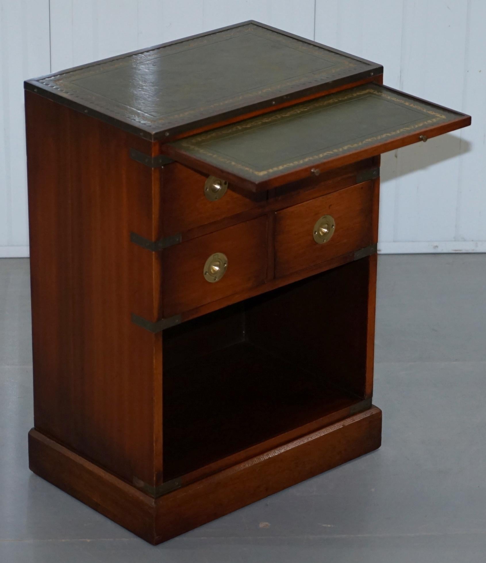 Mahogany Campaign Style Side Table Drawers Green Leather Butlers Serving Tray 1