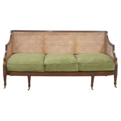 Mahogany Cane-Back Sofa with Olive Green Upholstery