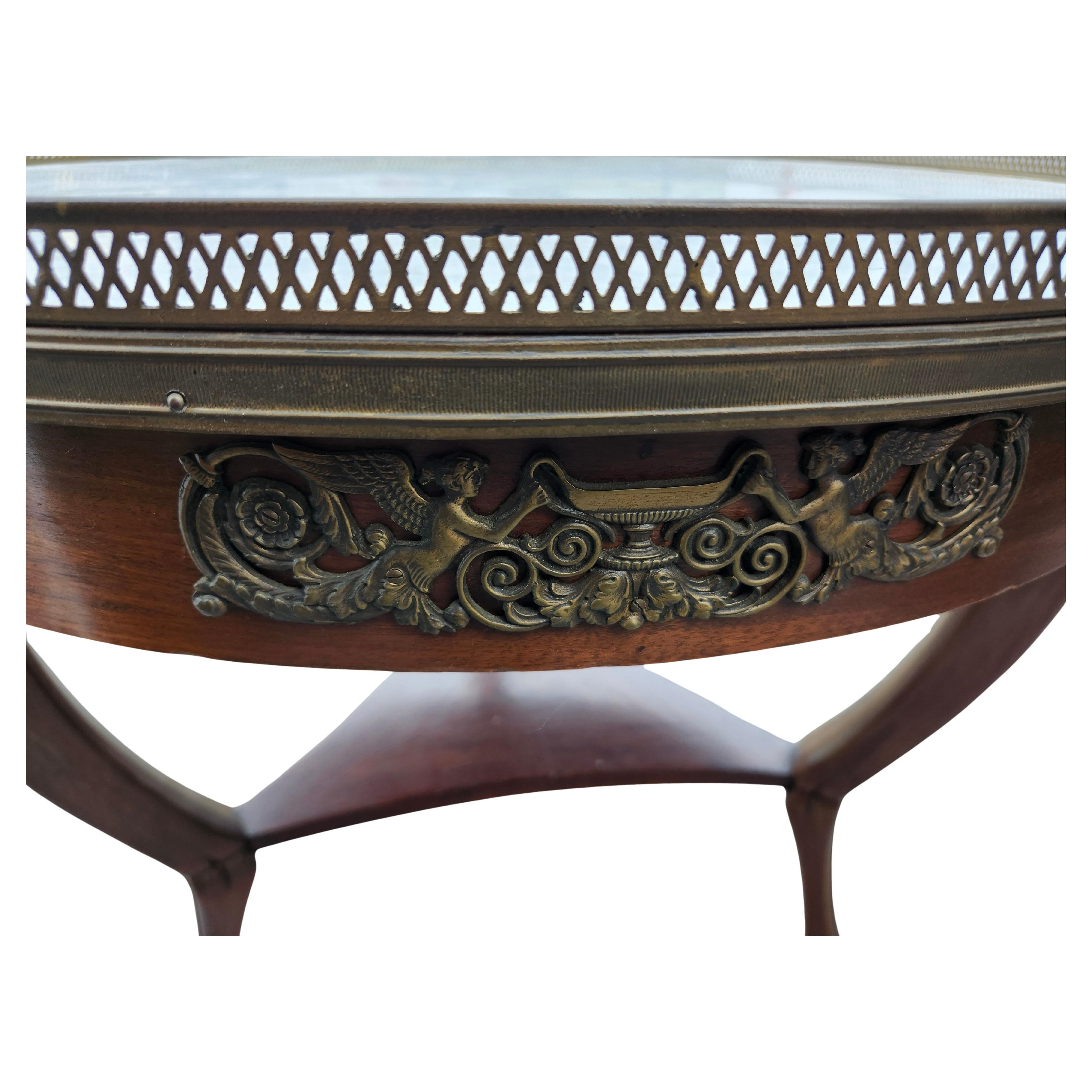 Mahogany & Carrara Marble Top Center Table W Bronze Hoof Feet Pierced Gallery In Good Condition For Sale In Port Jervis, NY