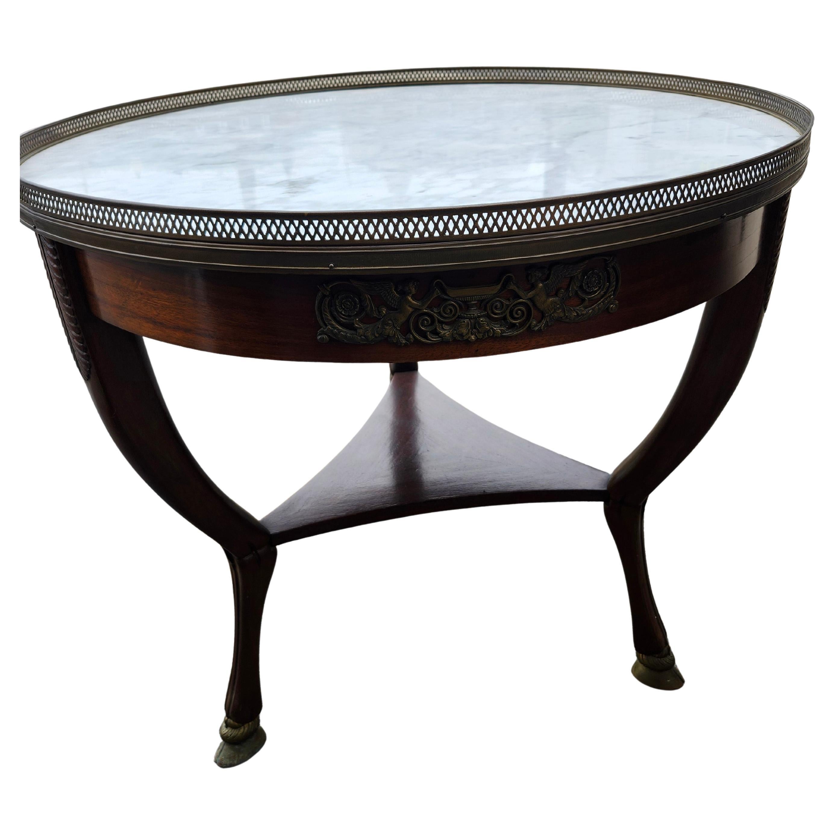 Mid-20th Century Mahogany & Carrara Marble Top Center Table W Bronze Hoof Feet Pierced Gallery For Sale