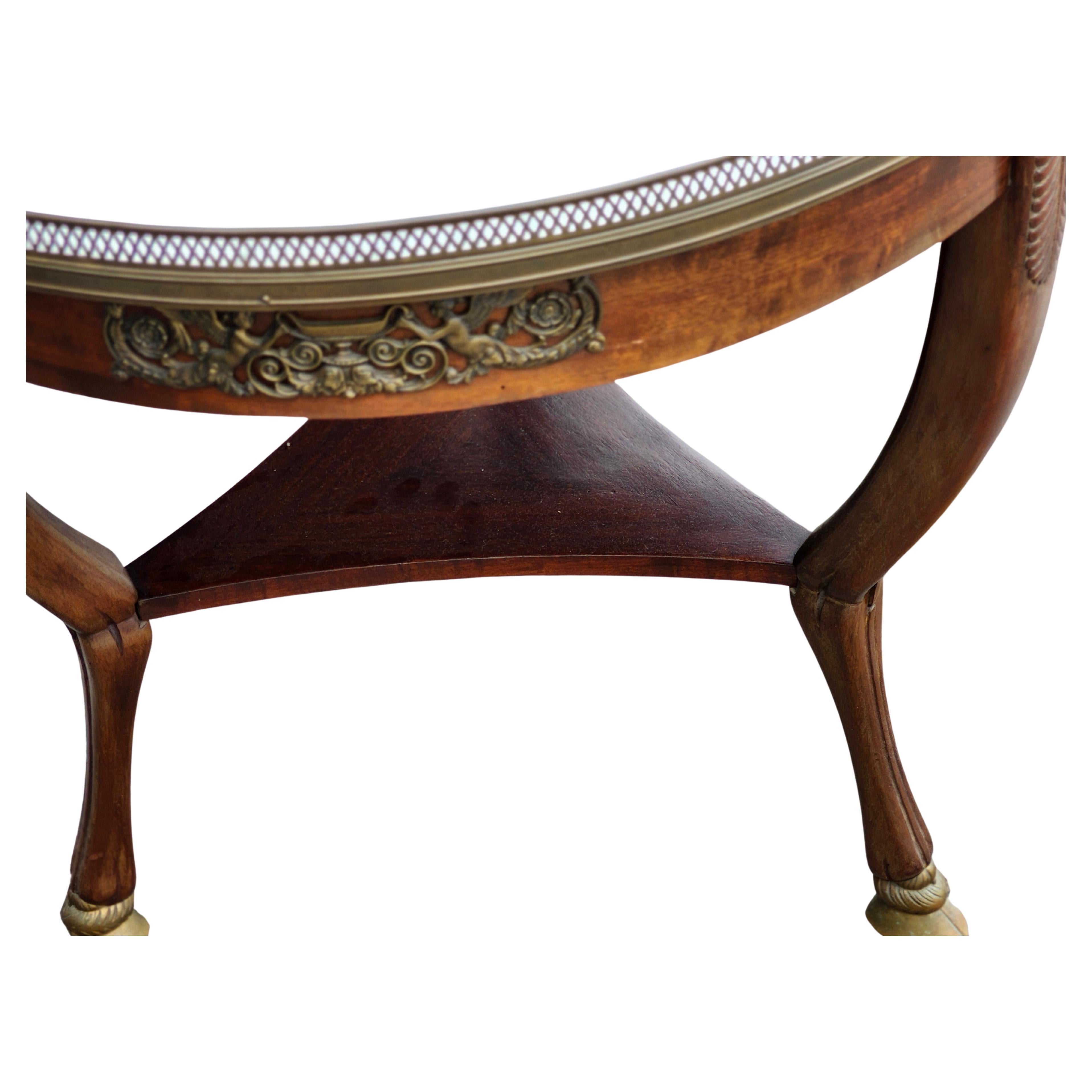 Brass Mahogany & Carrara Marble Top Center Table W Bronze Hoof Feet Pierced Gallery For Sale