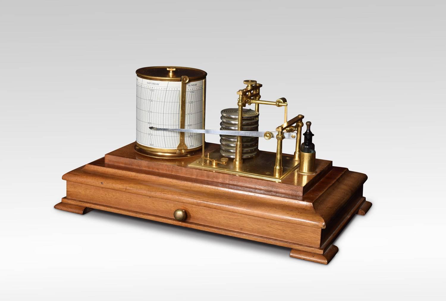 Mahogany cased barograph, by Lennie of Edinburgh having five glazed removable lid, and a drawer below to house the charts. The mechanical eight-day movement is housed in the drum, fitted with a seven-day chart which covers one full rotation of the