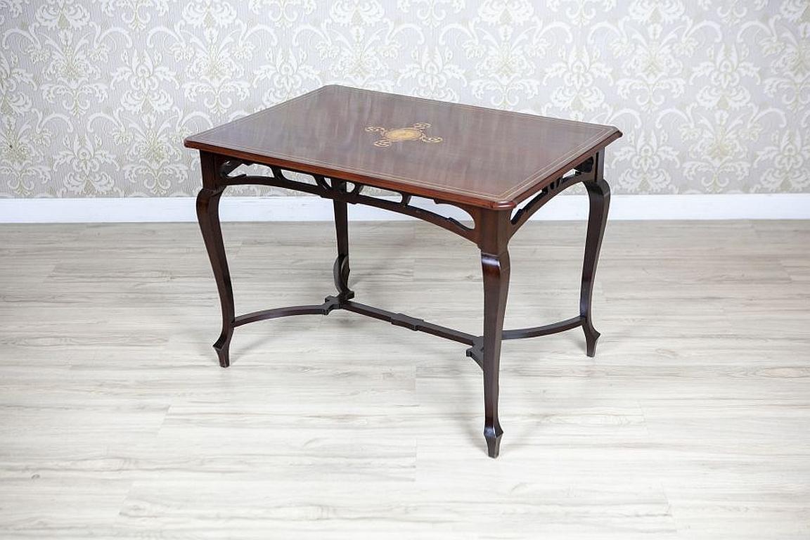 European Art Nouveau Mahogany Center Table From the Early 20th Century with Floral Inlays For Sale