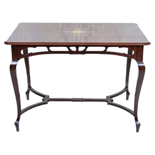 Art Nouveau Mahogany Center Table From the Early 20th Century with Floral Inlays For Sale