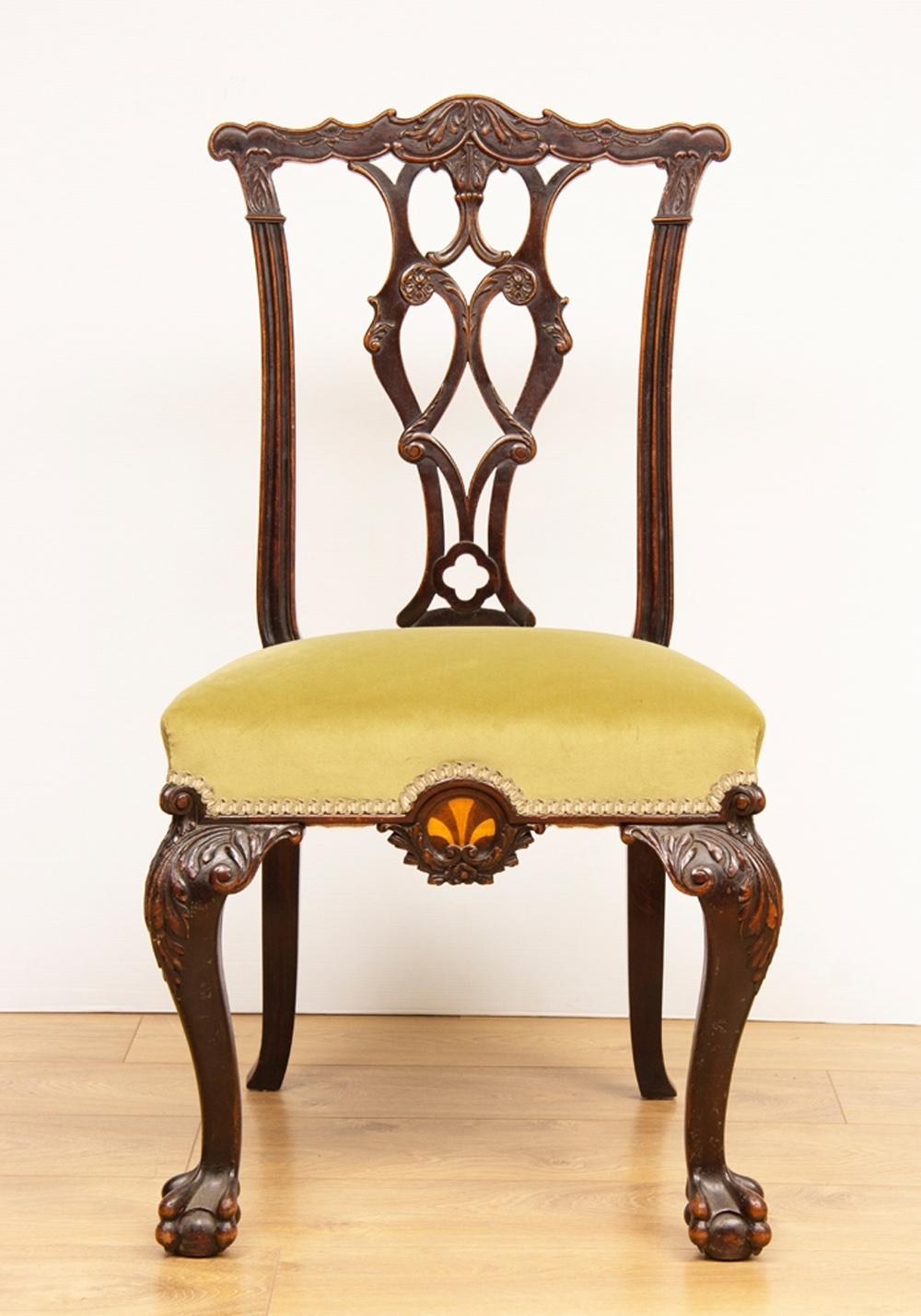 Chippendale Mahogany Chairs with Specimen Wood Inlay, circa 1860