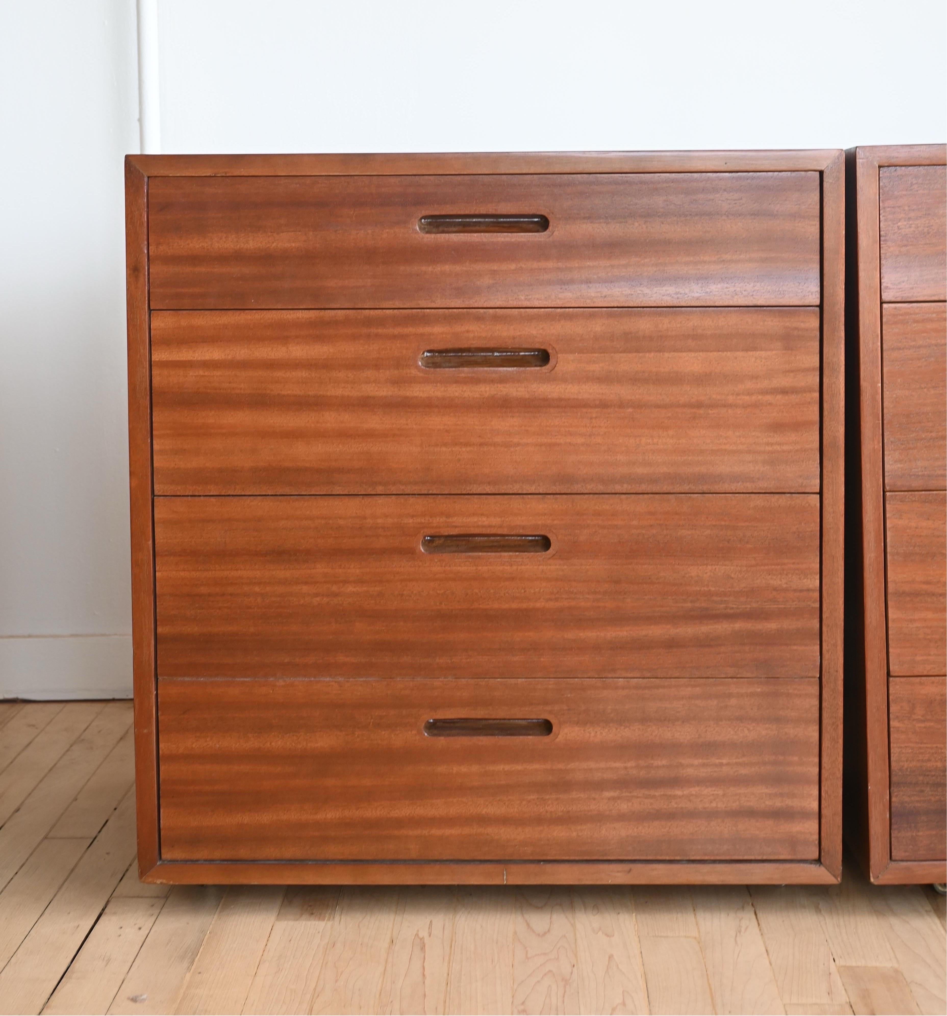 A simple and classic pair of drawers by Dunbar. Mahogany finish with clean lines, defined angles and beautiful inset drawer pulls. 