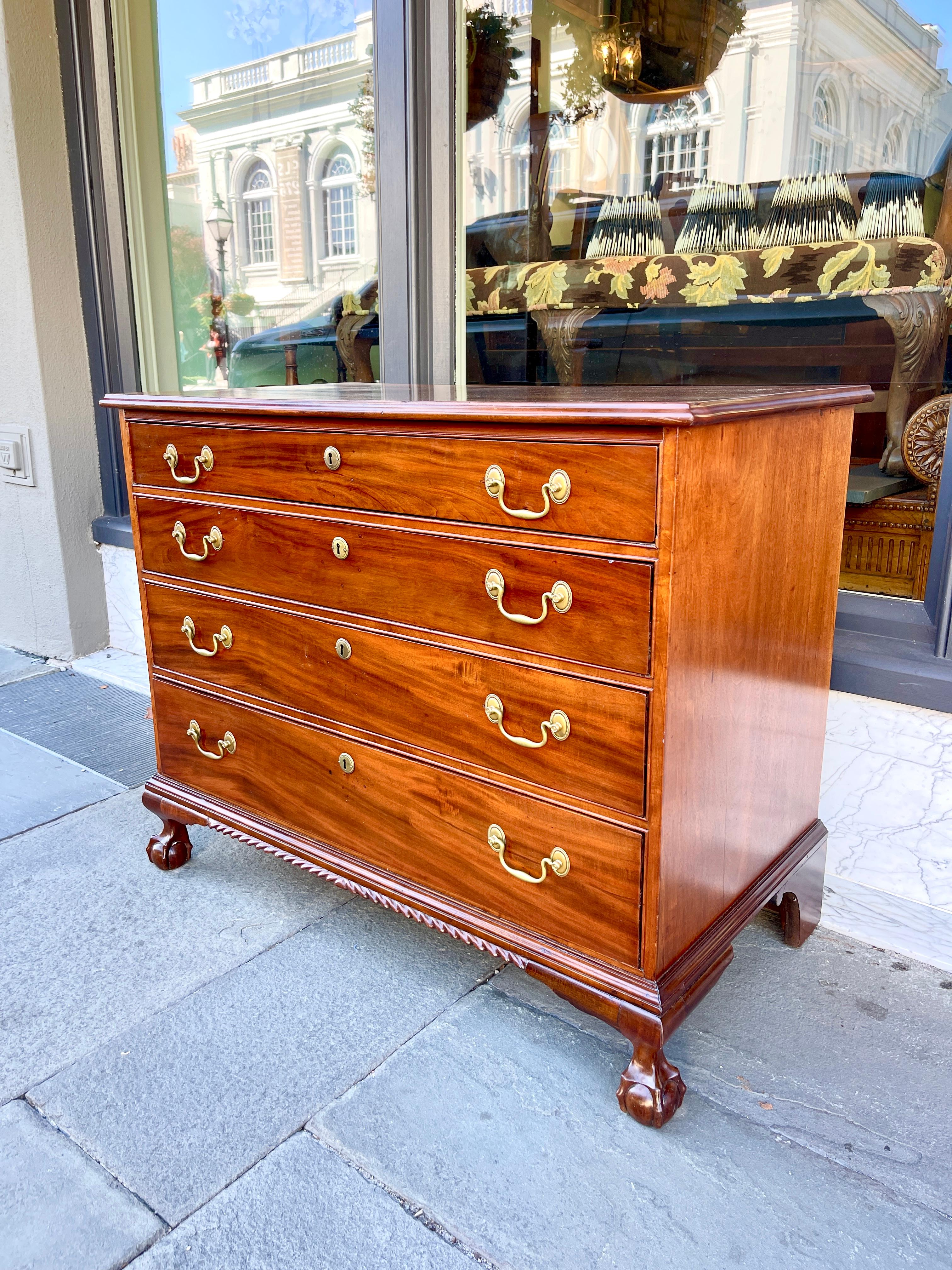 18th Century Mahogany chest with ball and claw feet 18th century NY For Sale