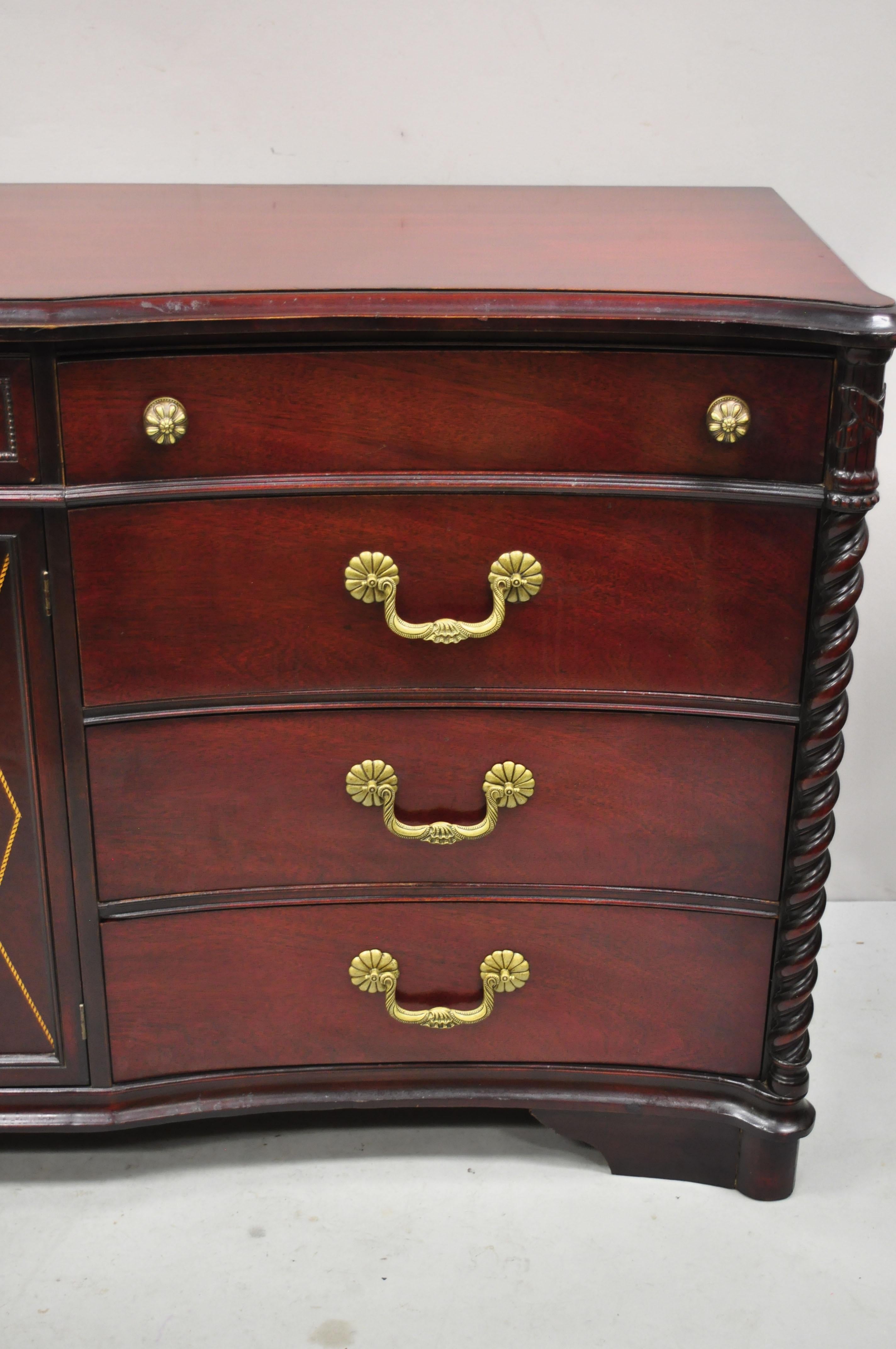 Mahogany Chinese Chippendale Long Dresser Credenza w/ Tooled Leather Door Front For Sale 4