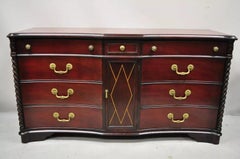 Mahogany Chinese Chippendale Long Dresser Credenza w/ Tooled Leather Door Front