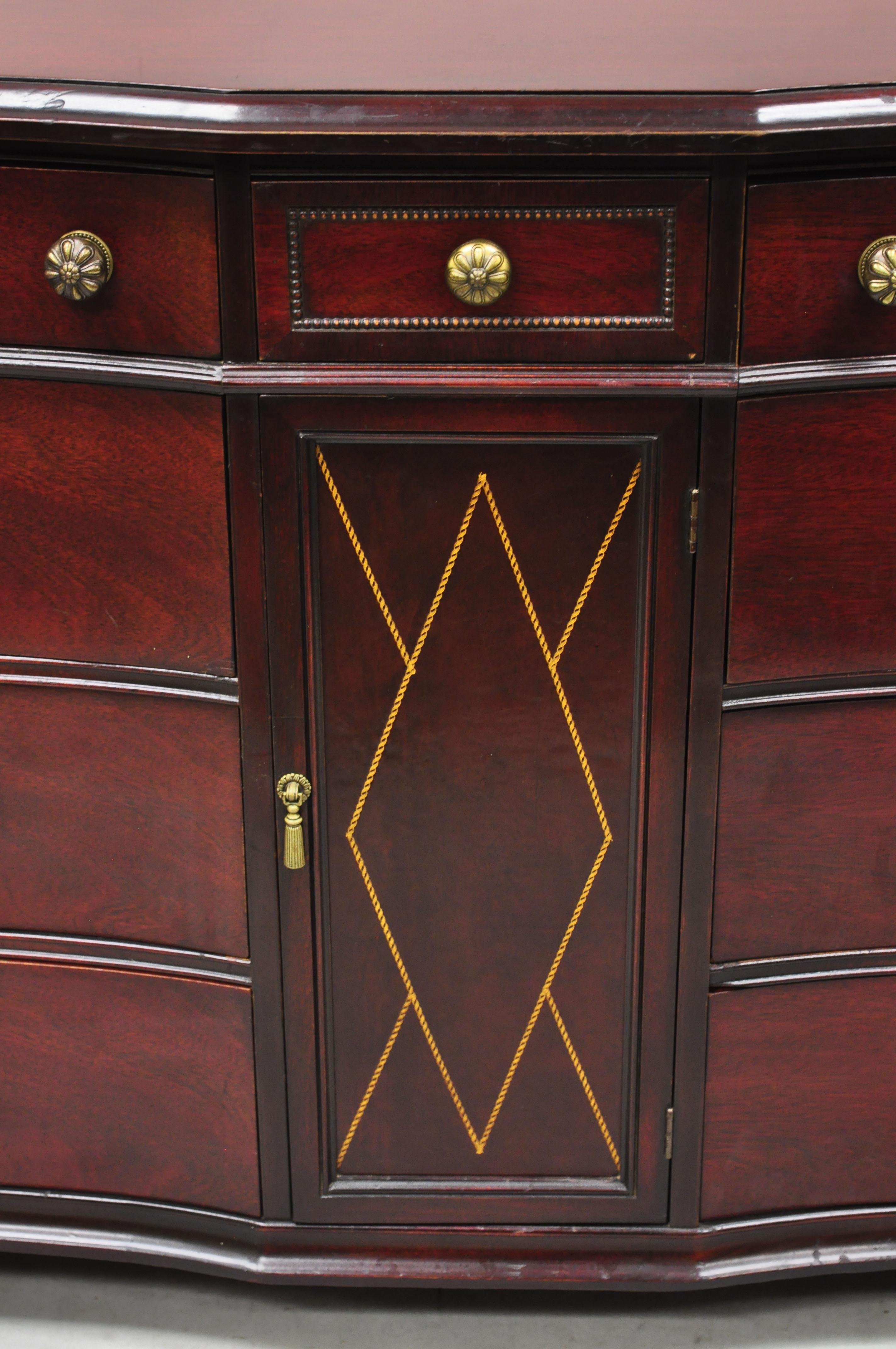 North American Mahogany Chinese Chippendale Long Dresser Credenza w/ Tooled Leather Door Front For Sale
