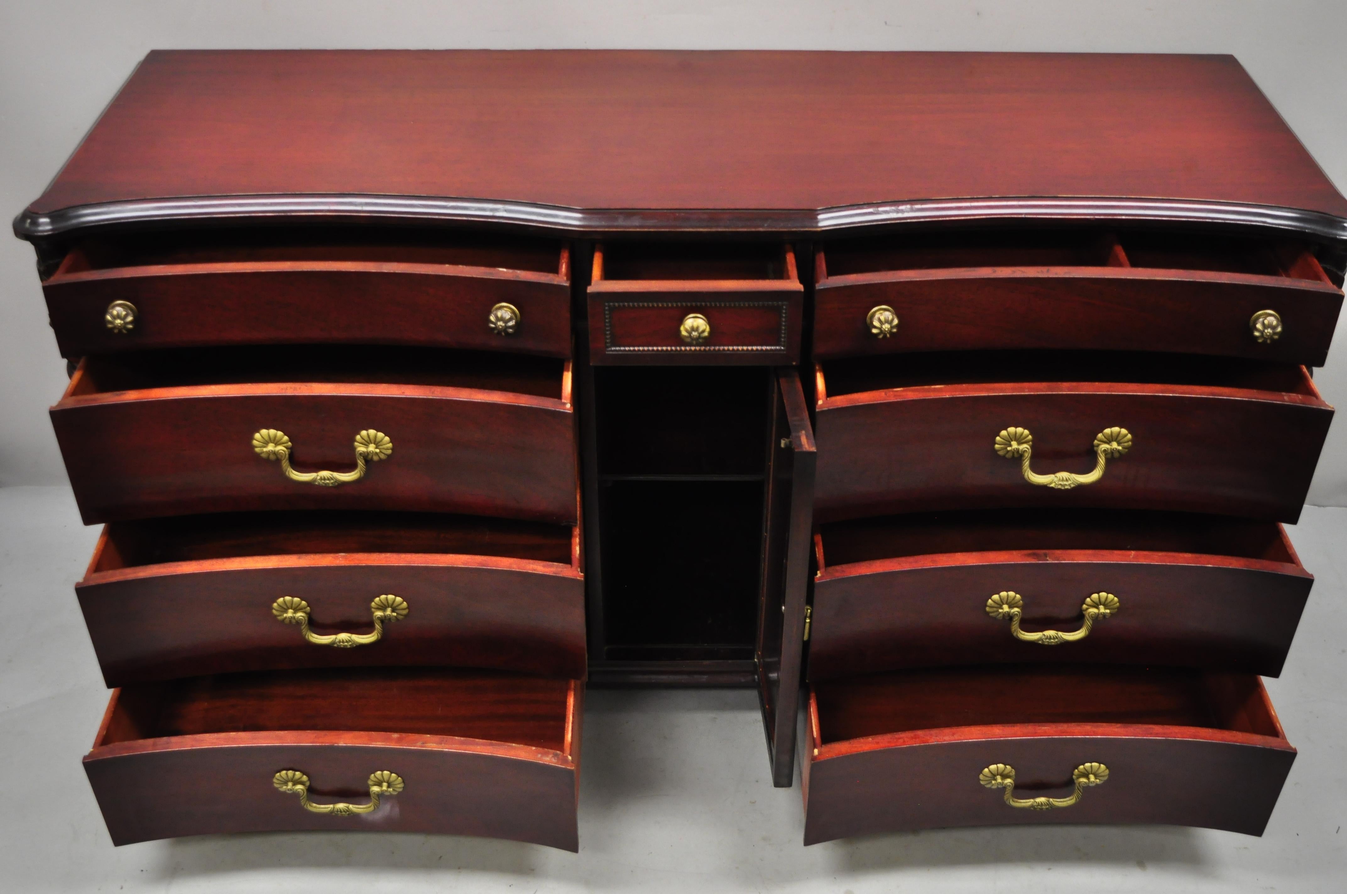 20th Century Mahogany Chinese Chippendale Long Dresser Credenza w/ Tooled Leather Door Front For Sale