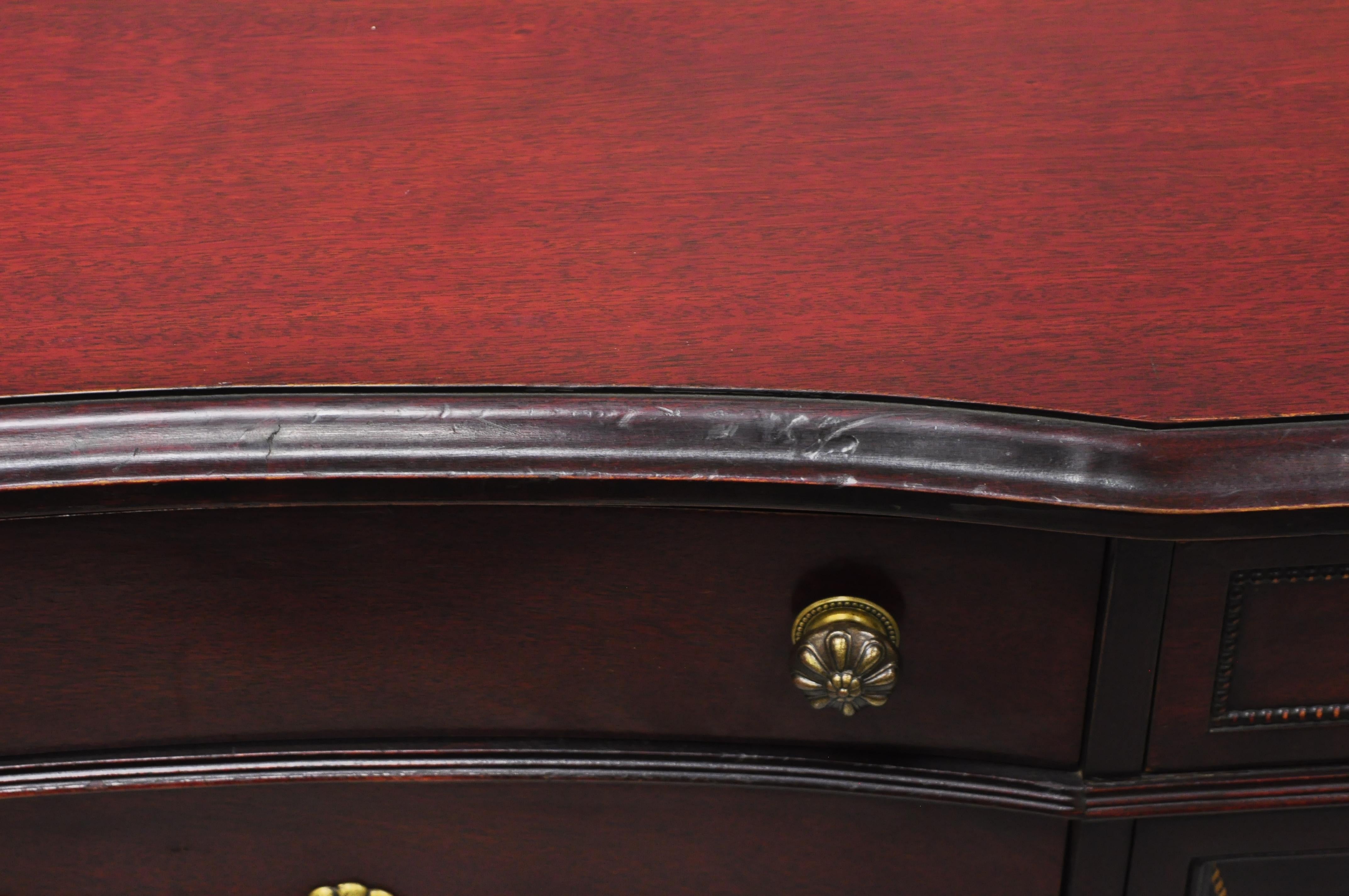 Mahogany Chinese Chippendale Long Dresser Credenza w/ Tooled Leather Door Front For Sale 3