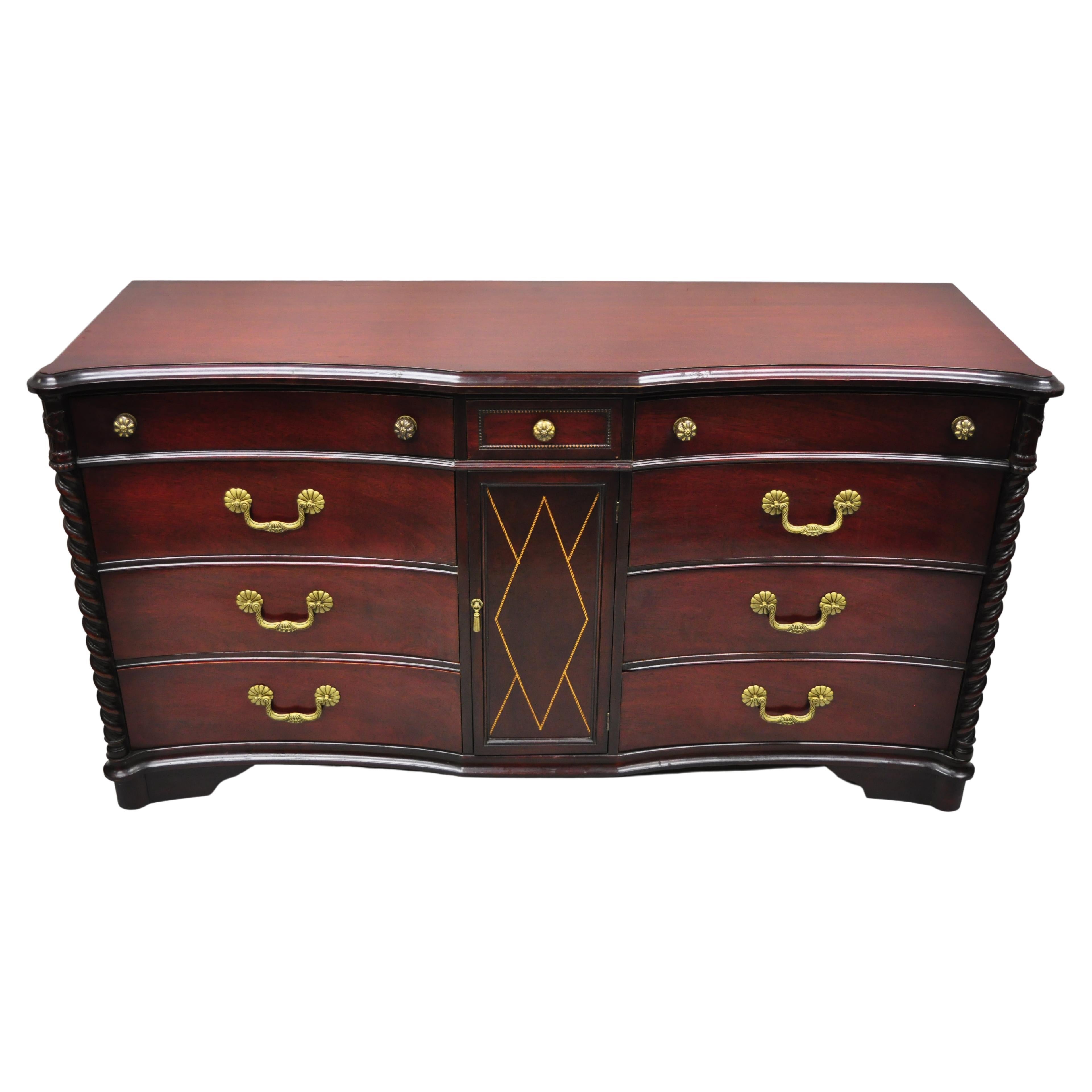 Mahogany Chinese Chippendale Long Dresser Credenza w/ Tooled Leather Door Front For Sale