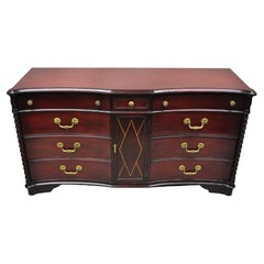 Mahogany Chinese Chippendale Long Dresser Credenza w/ Tooled Leather Door Front