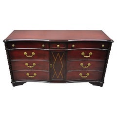 Mahogany Chinese Chippendale Long Dresser Credenza w/ Tooled Leather Door Front