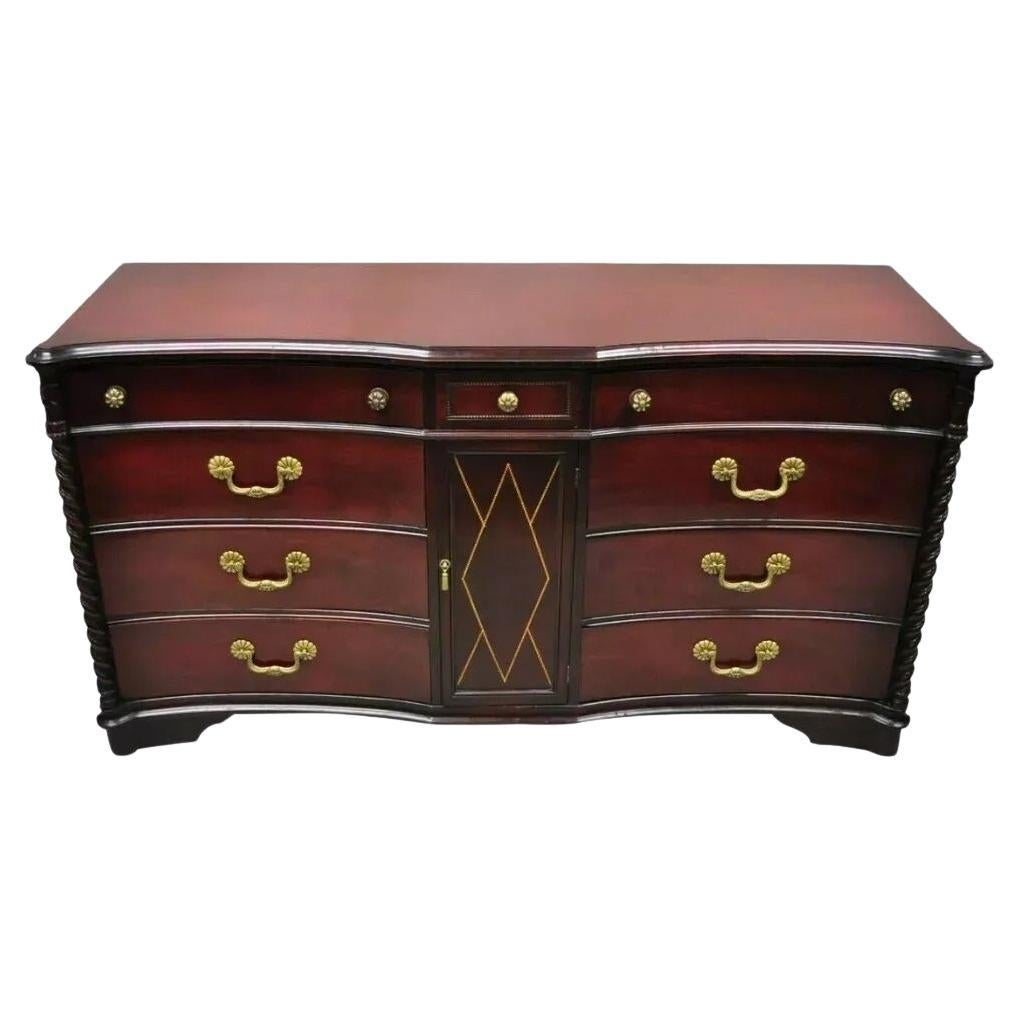 Mahogany Chinese Chippendale Long Dresser Credenza w/ Tooled Leather Door Front
