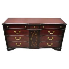 Mahogany Chinese Chippendale Long Dresser Credenza w/ Tooled Leather Door Front