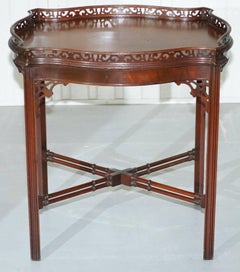 Mahogany Chinese Chippendale Silver Tea Occasional Table Fret Work Carved Famboo