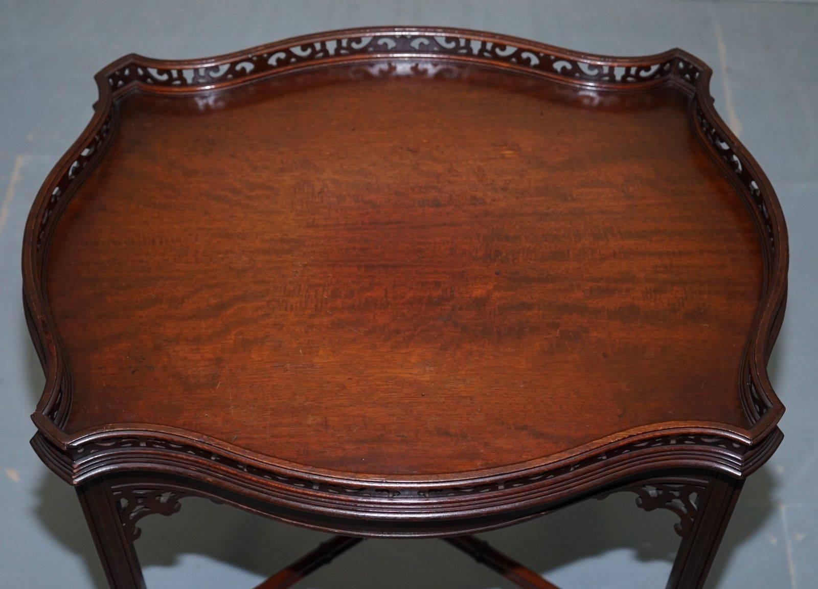 British Mahogany Chinese Chippendale Silver Tea Occasional Table Fret Work Carved Famboo