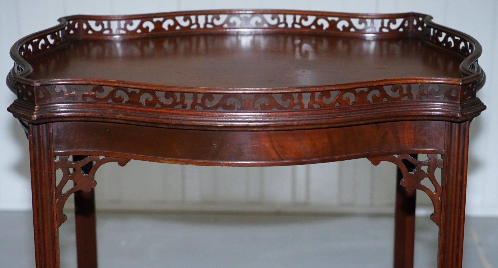 Hand-Carved Mahogany Chinese Chippendale Silver Tea Occasional Table Fret Work Carved Famboo