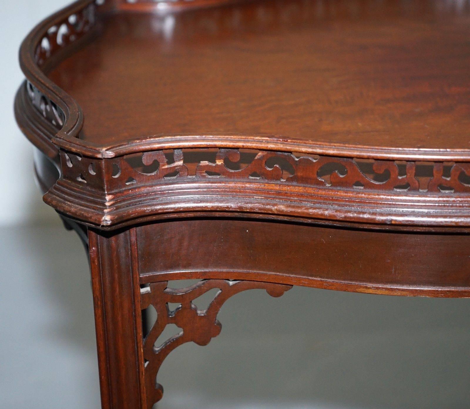 19th Century Mahogany Chinese Chippendale Silver Tea Occasional Table Fret Work Carved Famboo
