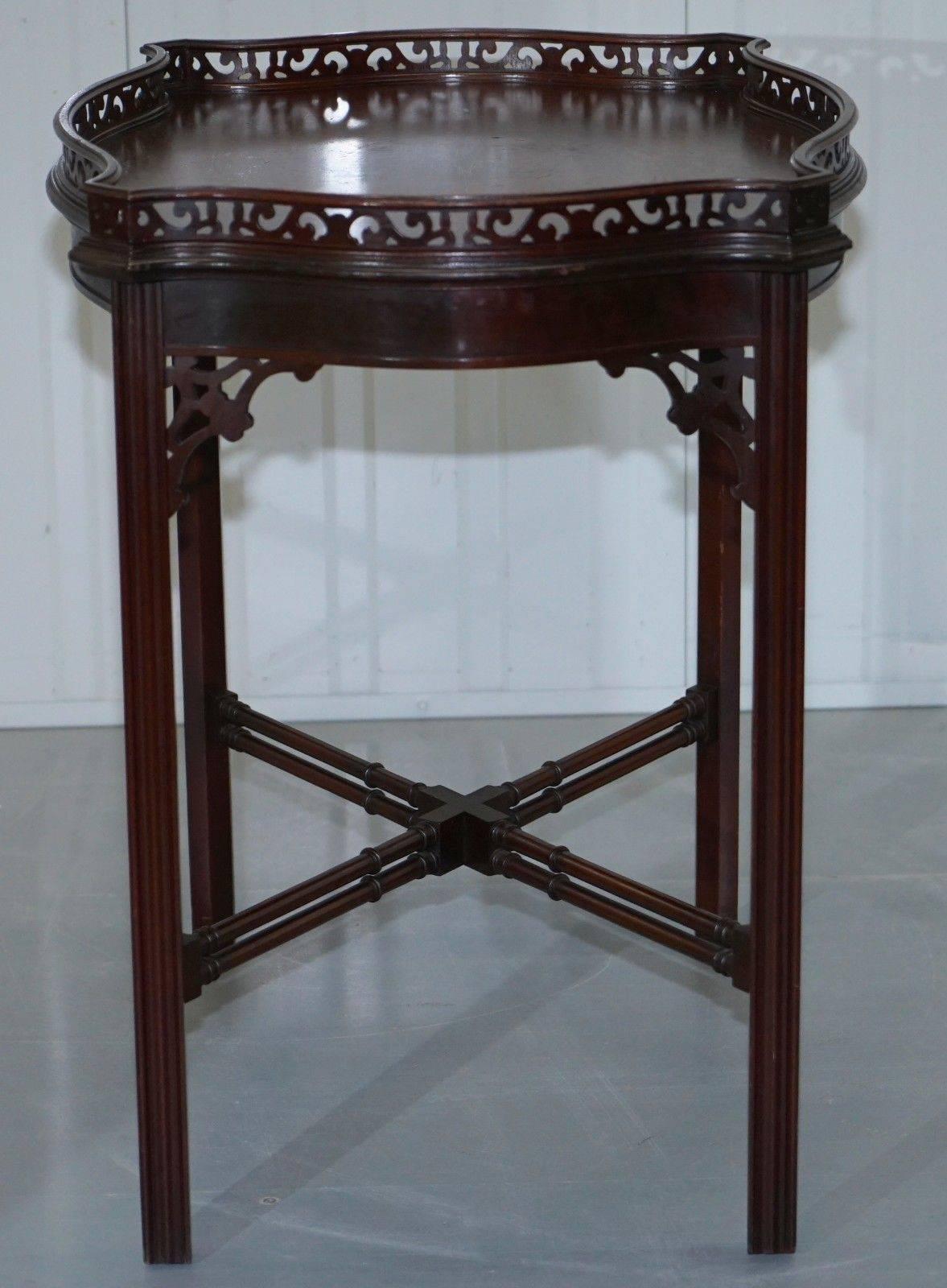 Mahogany Chinese Chippendale Silver Tea Occasional Table Fret Work Carved Famboo 3