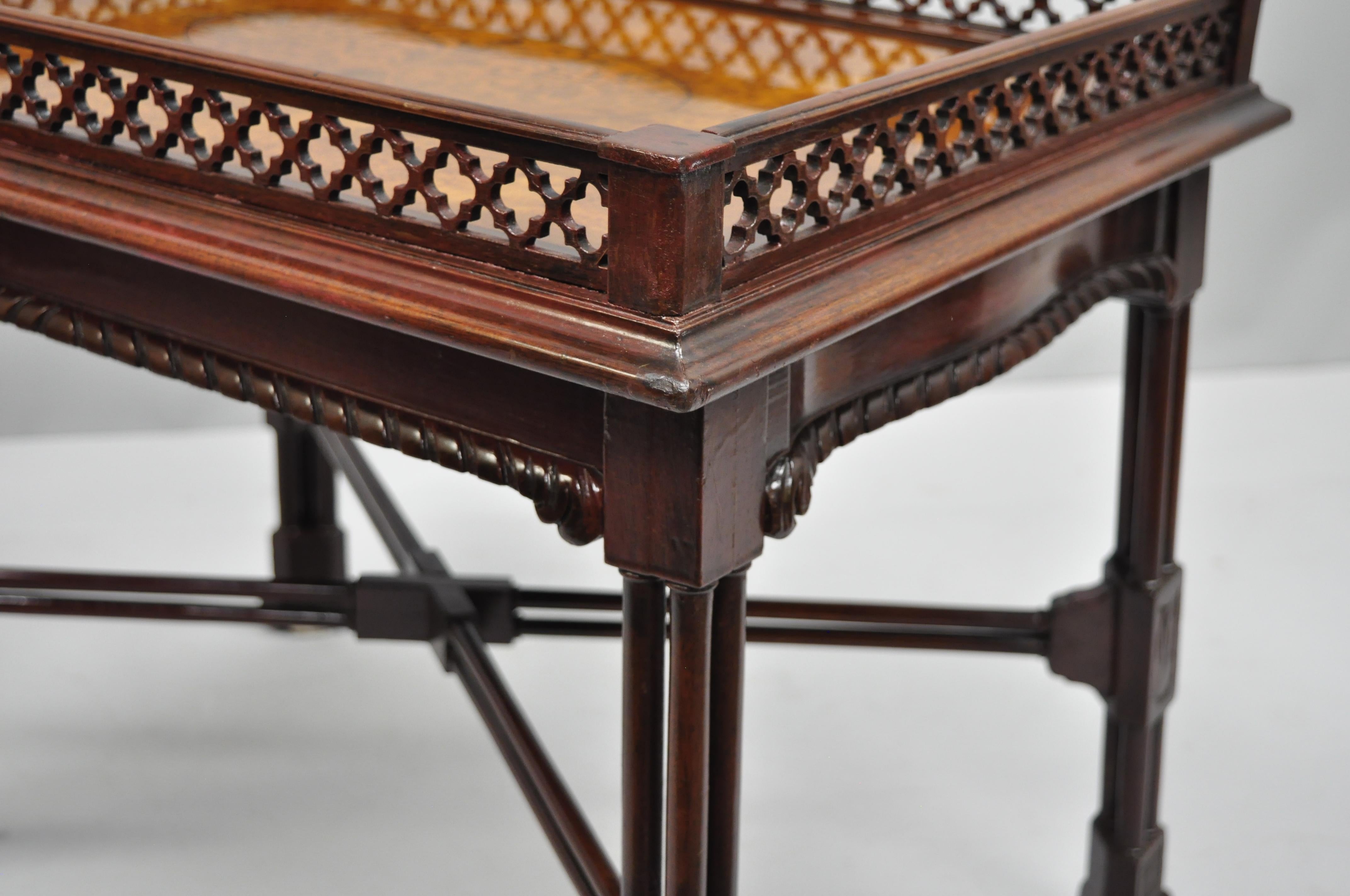 Mahogany Chinese Chippendale Style Small Coffee Table Burl Wood Inlay & Fretwork 3