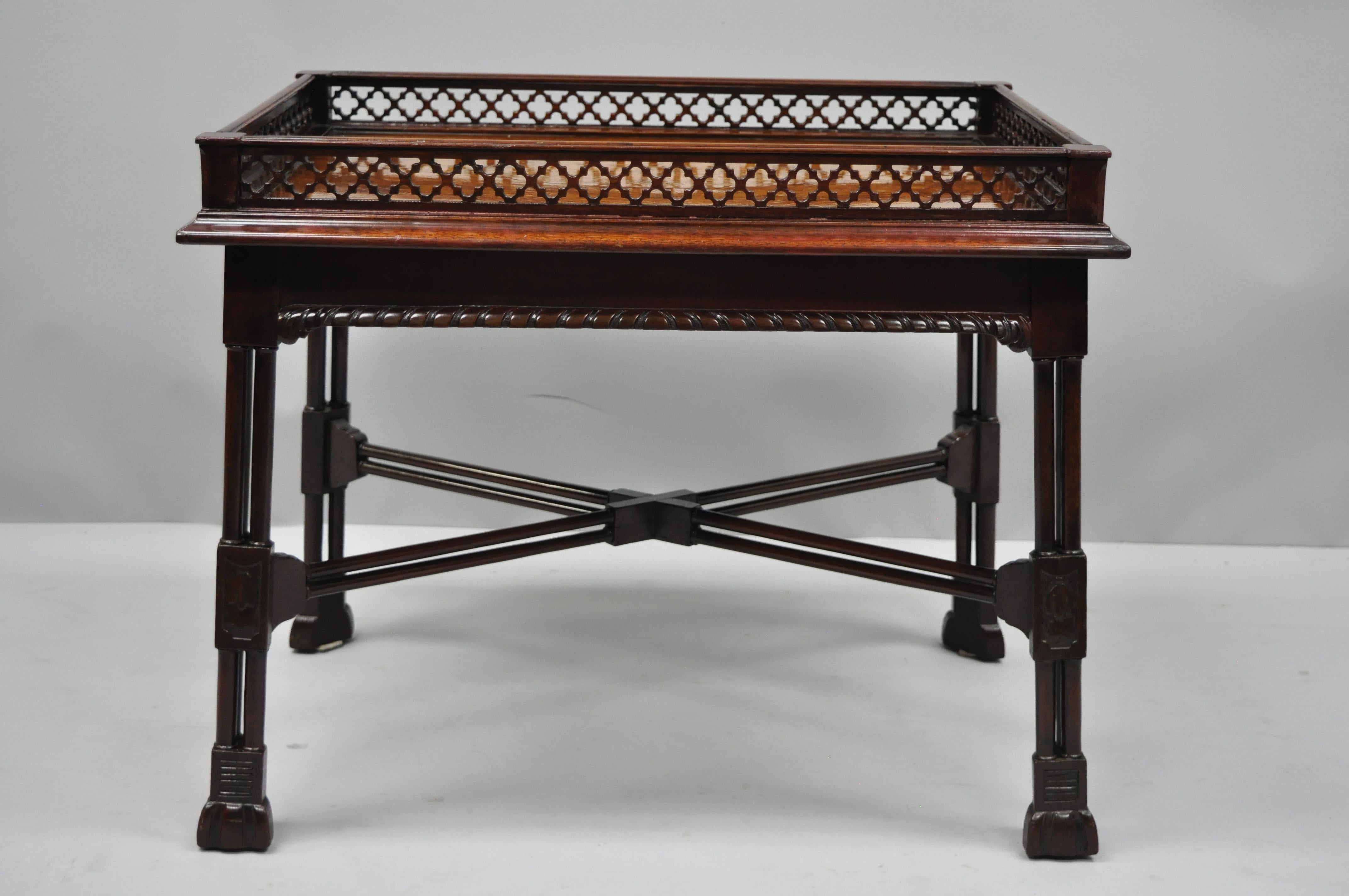Mahogany Chinese Chippendale Style Small Coffee Table Burl Wood Inlay & Fretwork 5