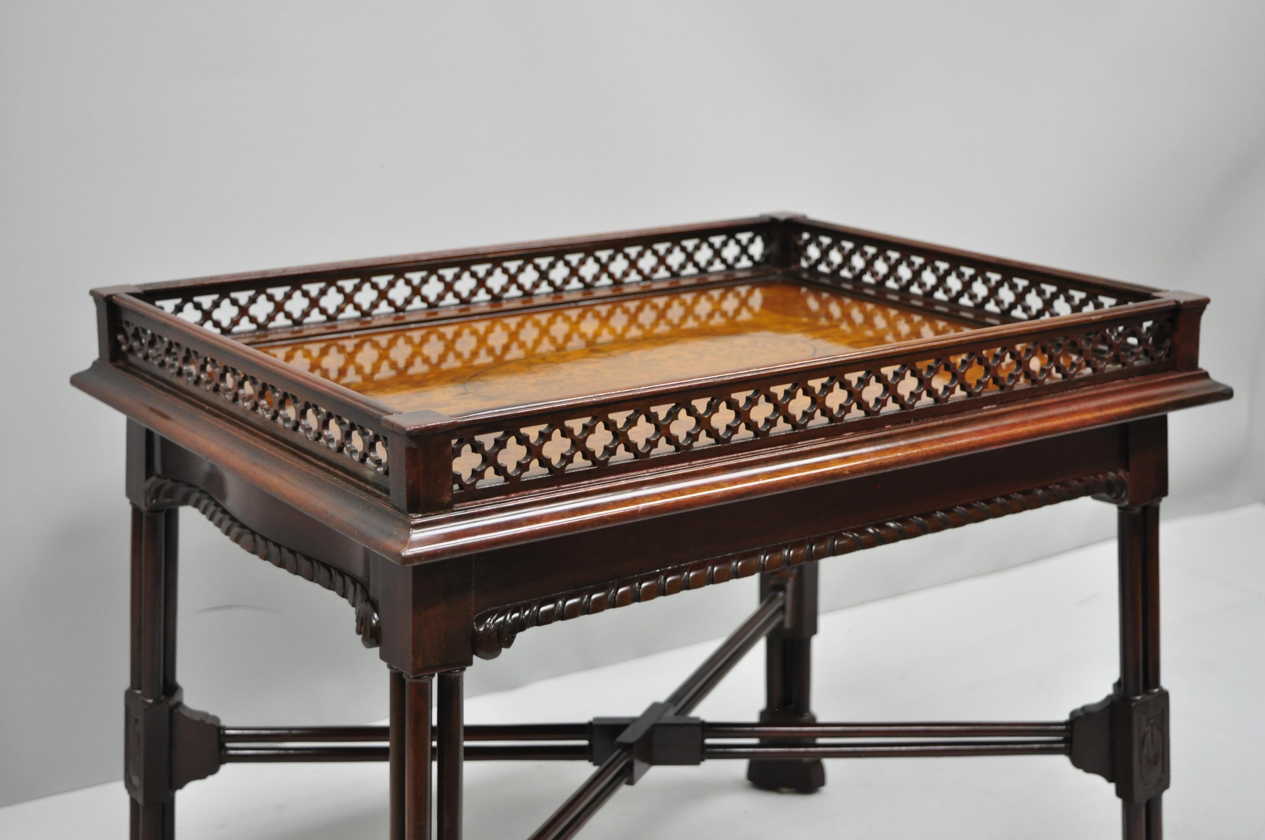 Mahogany Chinese Chippendale Style Small Coffee Table Burl Wood Inlay & Fretwork In Good Condition In Philadelphia, PA
