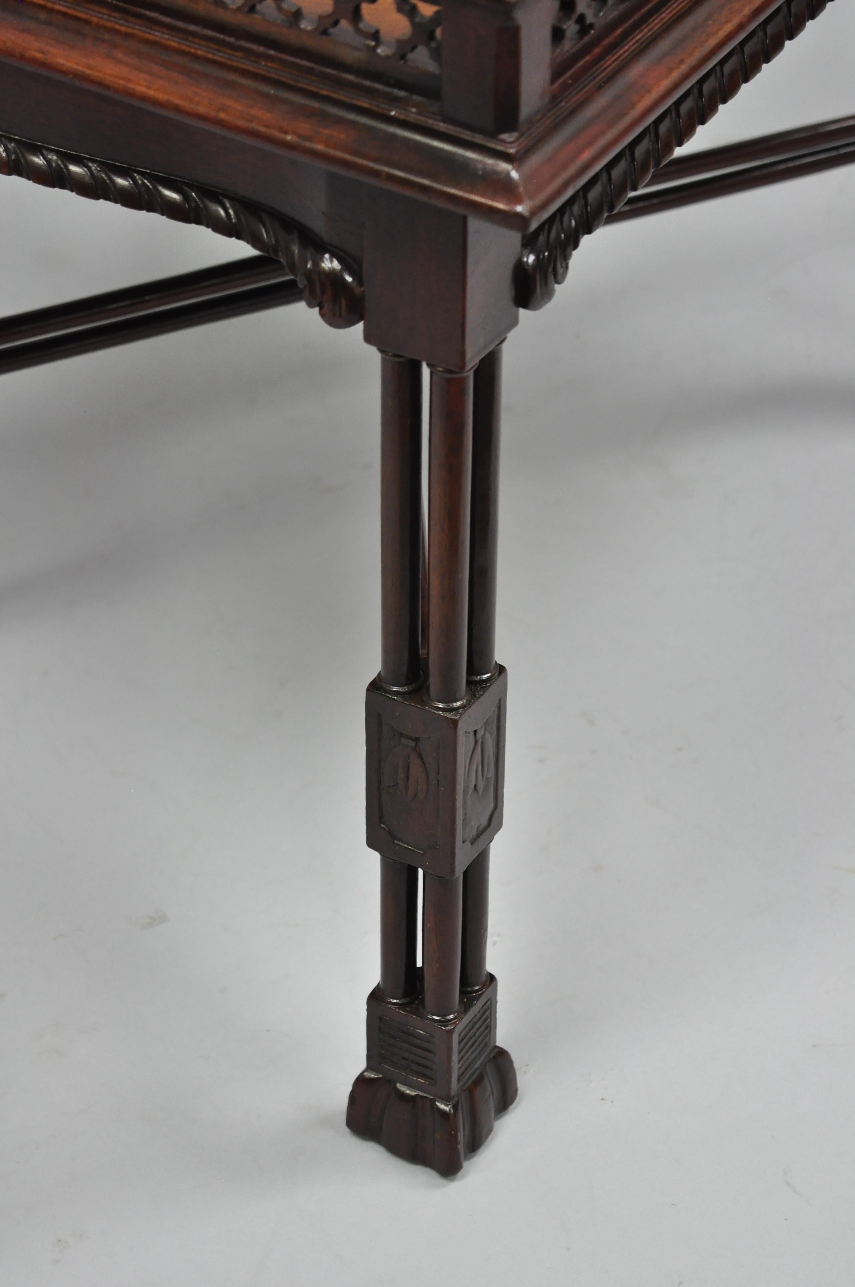 20th Century Mahogany Chinese Chippendale Style Small Coffee Table Burl Wood Inlay & Fretwork