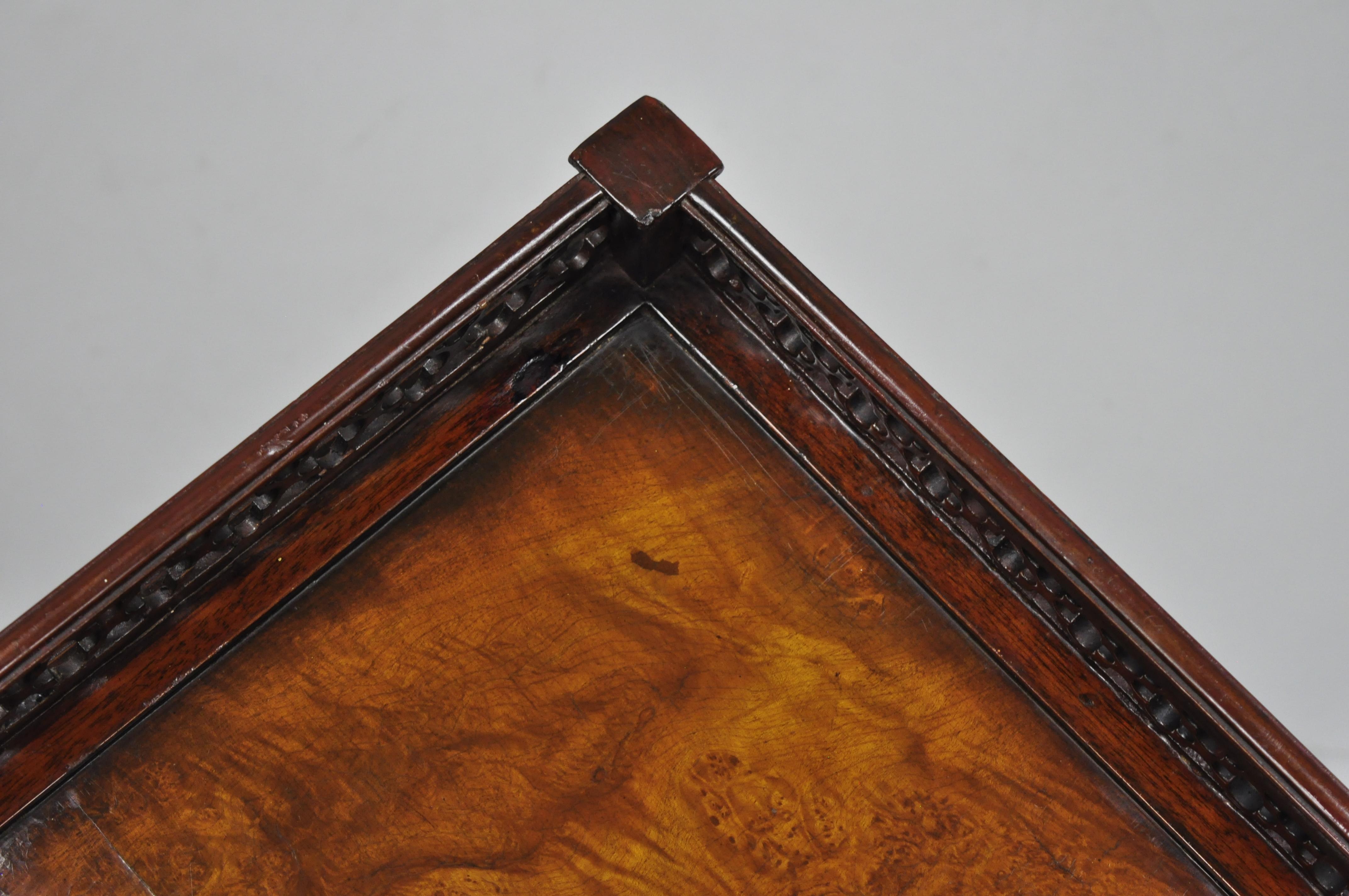 Mahogany Chinese Chippendale Style Small Coffee Table Burl Wood Inlay & Fretwork 2