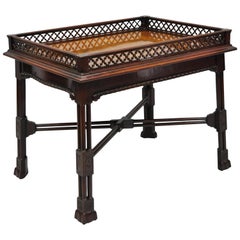 Mahogany Chinese Chippendale Style Small Coffee Table Burl Wood Inlay & Fretwork