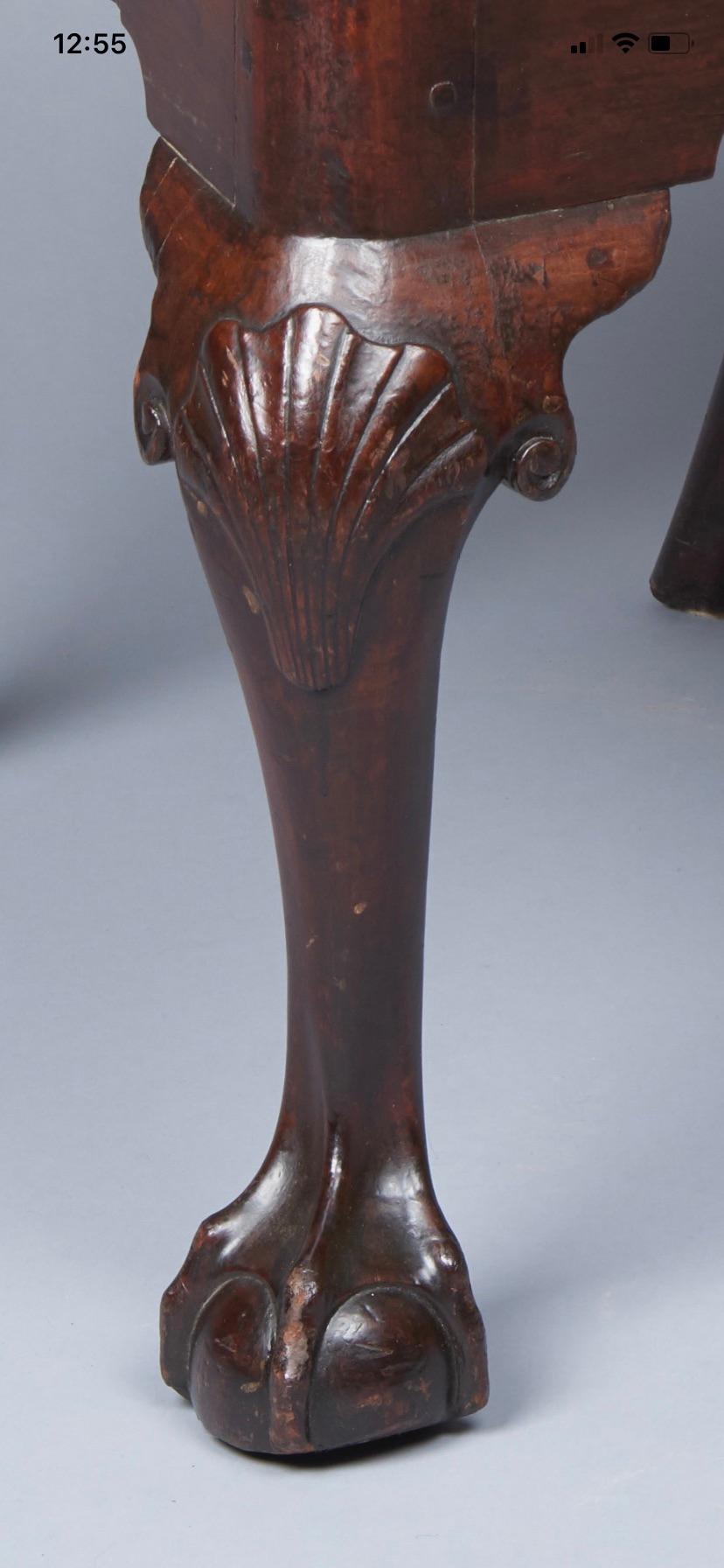 Crest rail with a shell and volutes, fluted stiles, pierced splat with volutes, shell on front rail, cabriole legs with shells terminating in claw and ball feet. Philadelphia, PA circa 1760-1775.