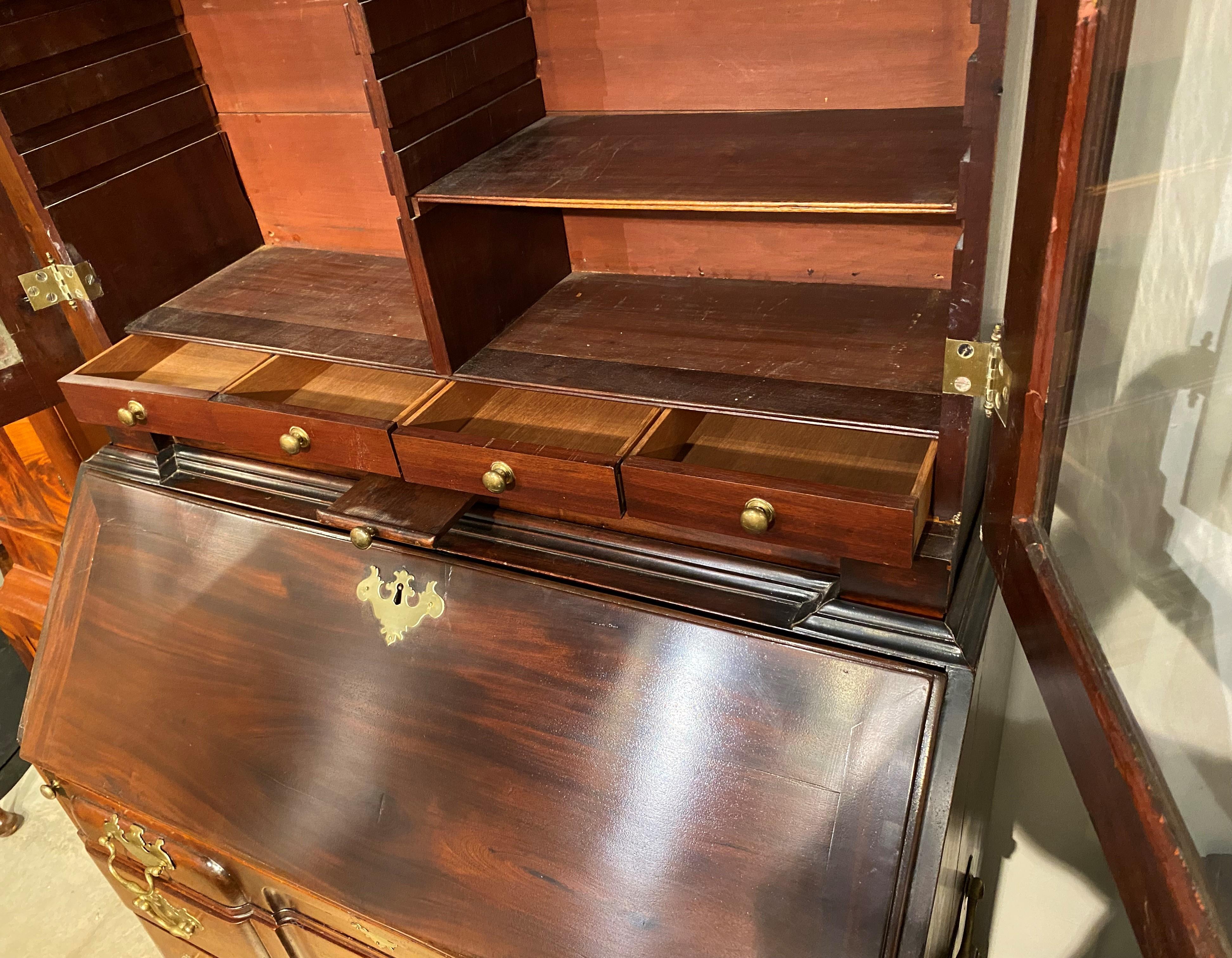 Mahogany Chippendale Style Block Front Secretary Desk with Bookcase Top In Good Condition For Sale In Milford, NH