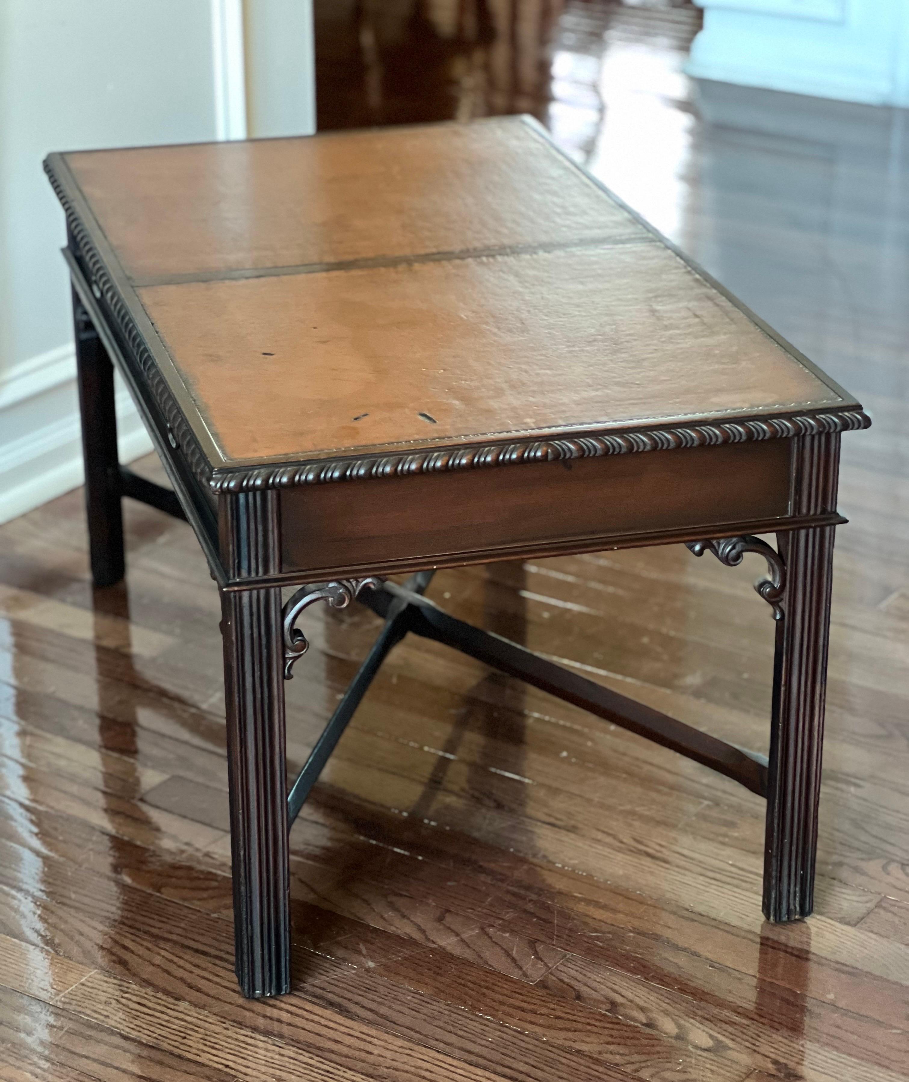 North American Mahogany Chippendale Style Coffee Table with Leather Top and Drawers by Imperial For Sale