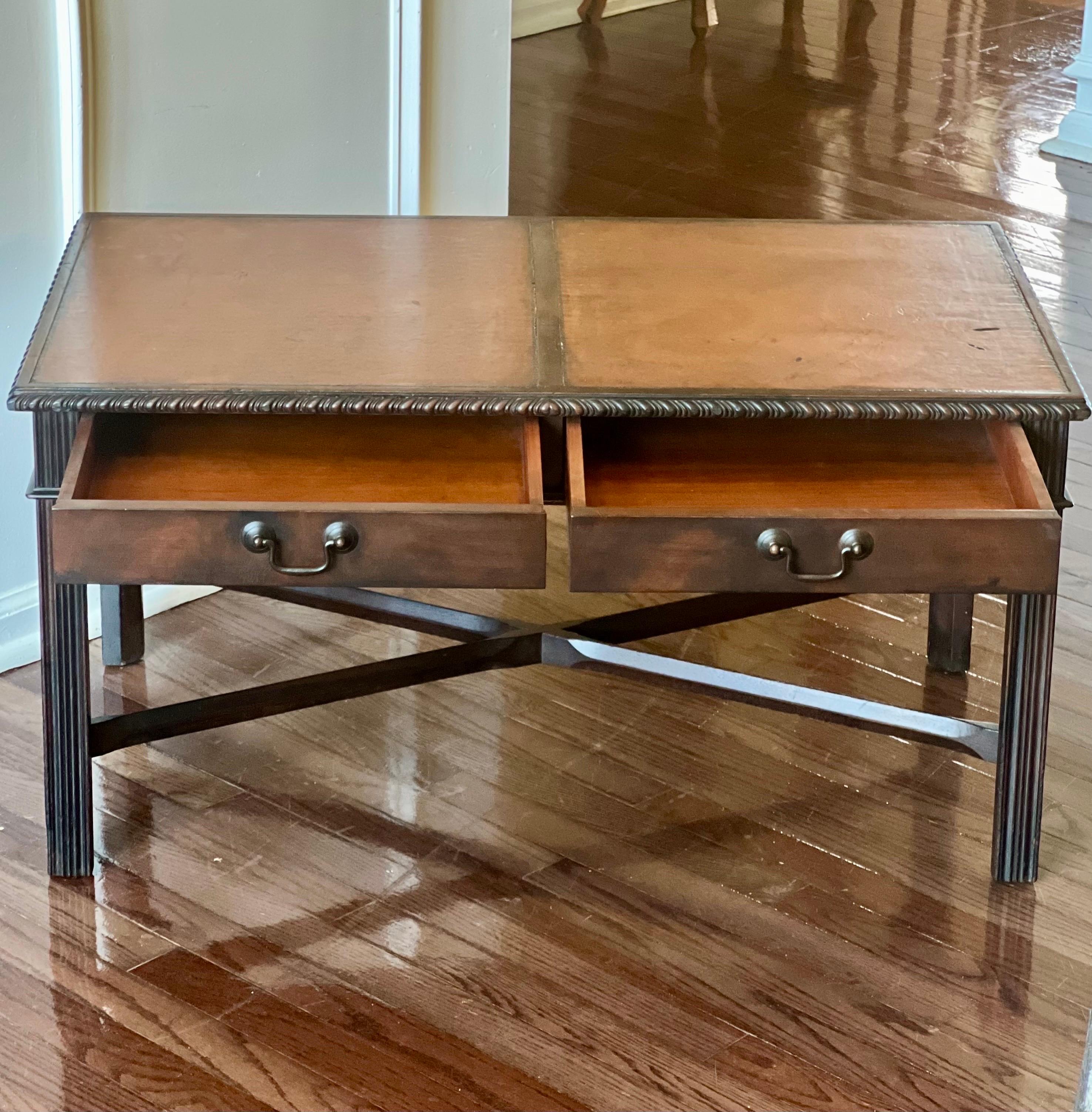 Mahogany Chippendale Style Coffee Table with Leather Top and Drawers by Imperial For Sale 1