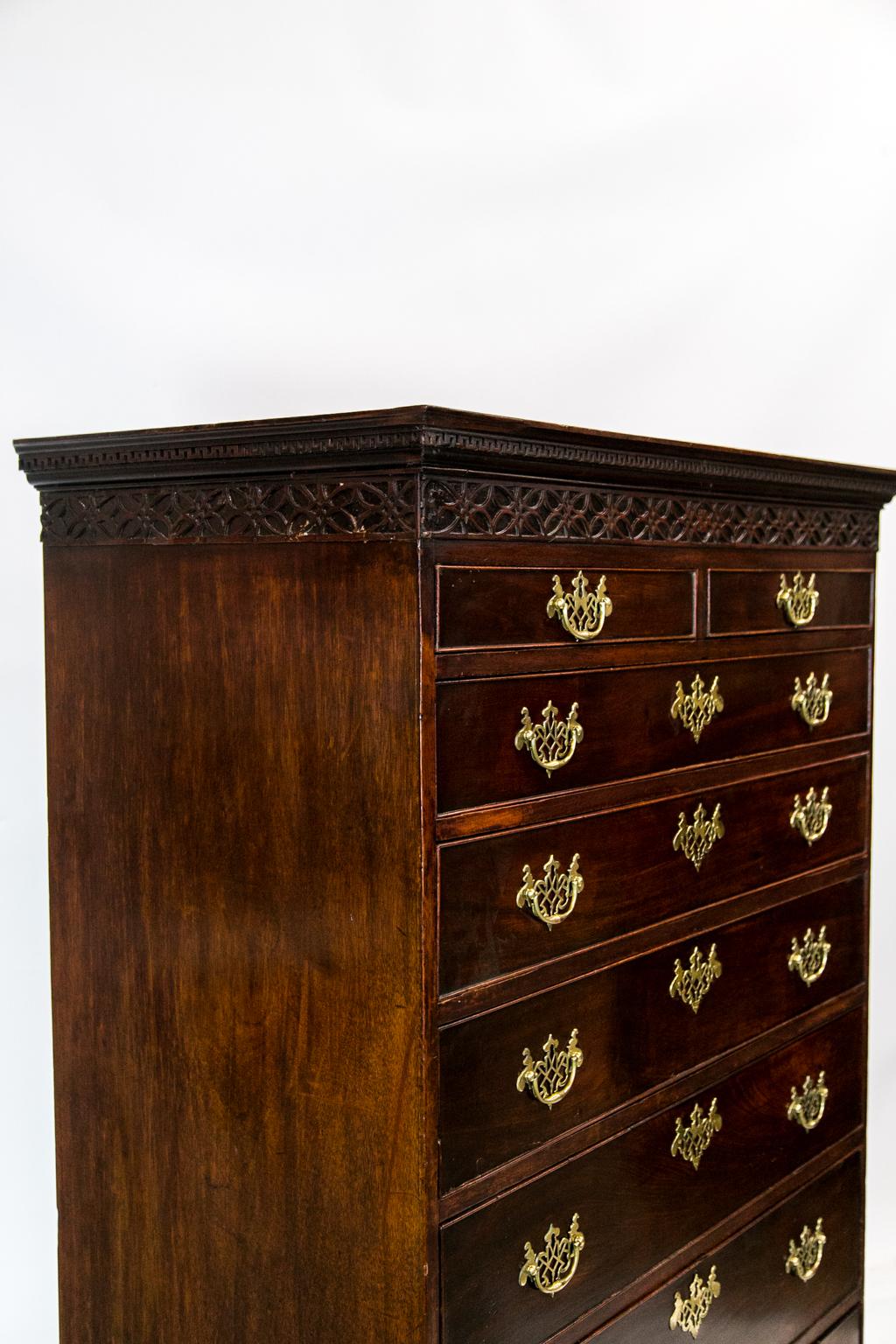 Brass Mahogany Chippendale Tall Chest For Sale
