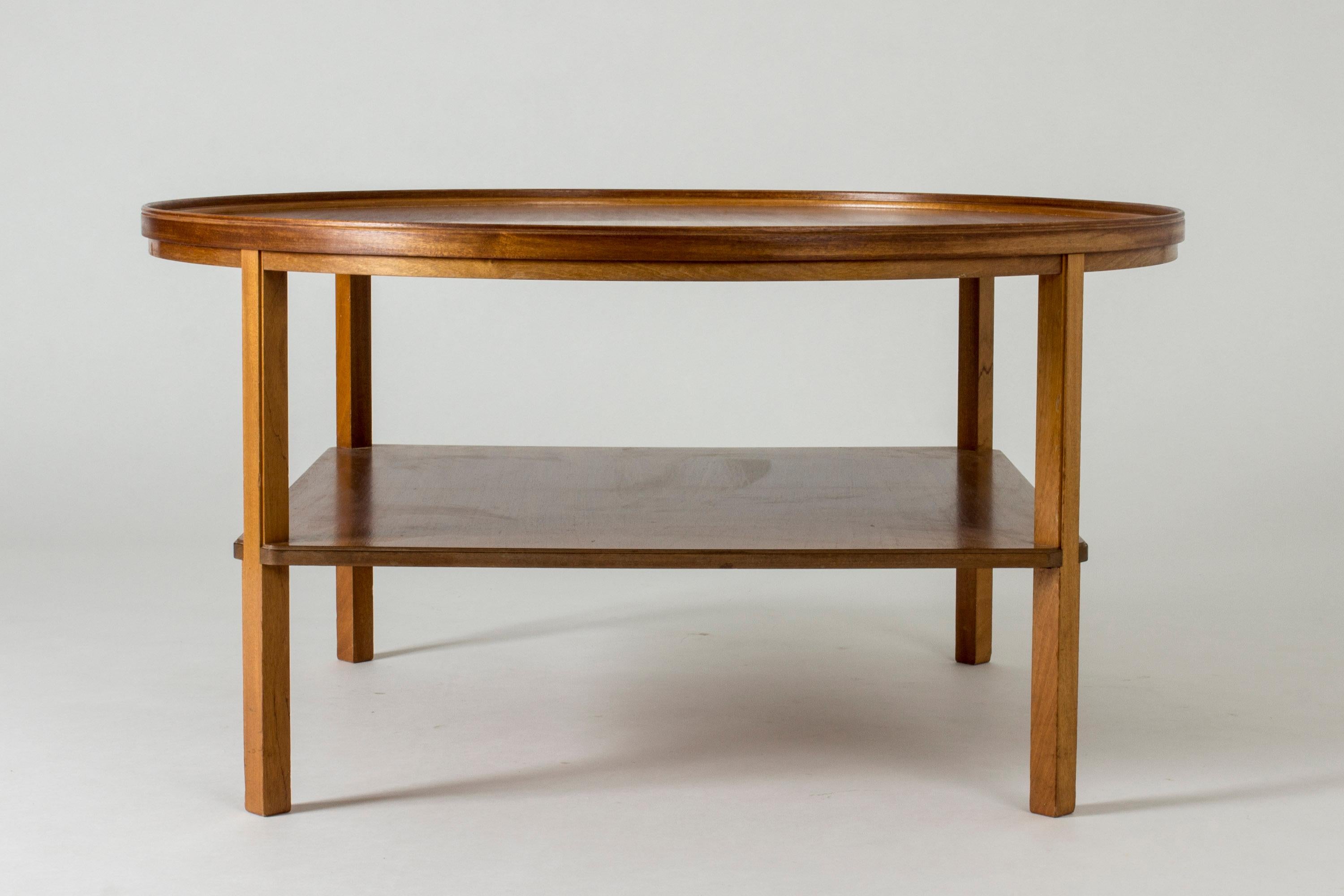 Round mahogany coffee table by Kaare Klint, model 6687, designed in 1929. Timeless and elegant with neat subtle details like the fitting of the legs into the lower shelf and the rim around the table top.