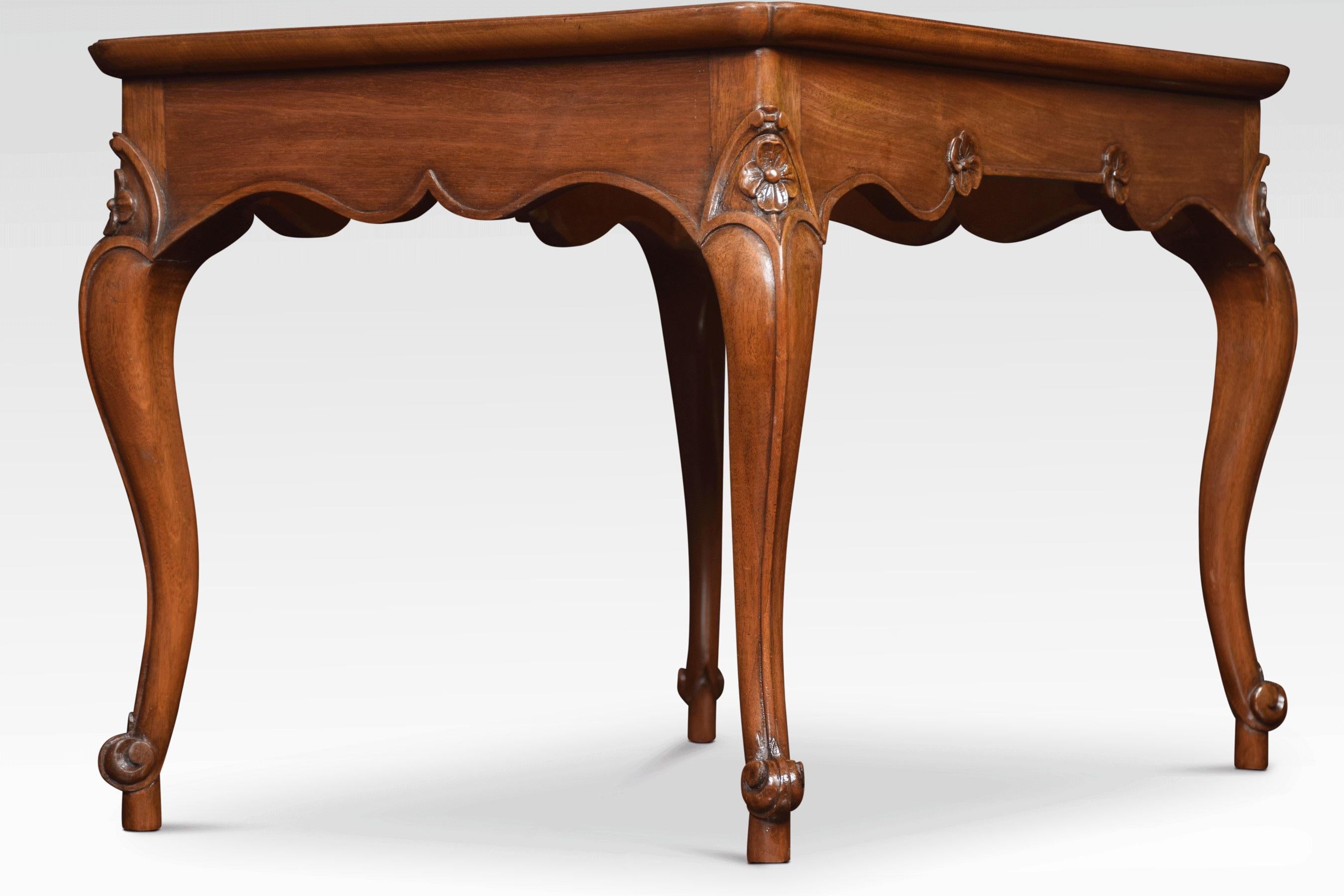 Mahogany coffee table the rectangular top with molded edge and re-entrant corners above the floral decorated frieze. All raised up on four cabriole legs terminating in scrolling toes.
Dimensions:
Height 17.5 inches
Width 26.5 inches
Depth 18