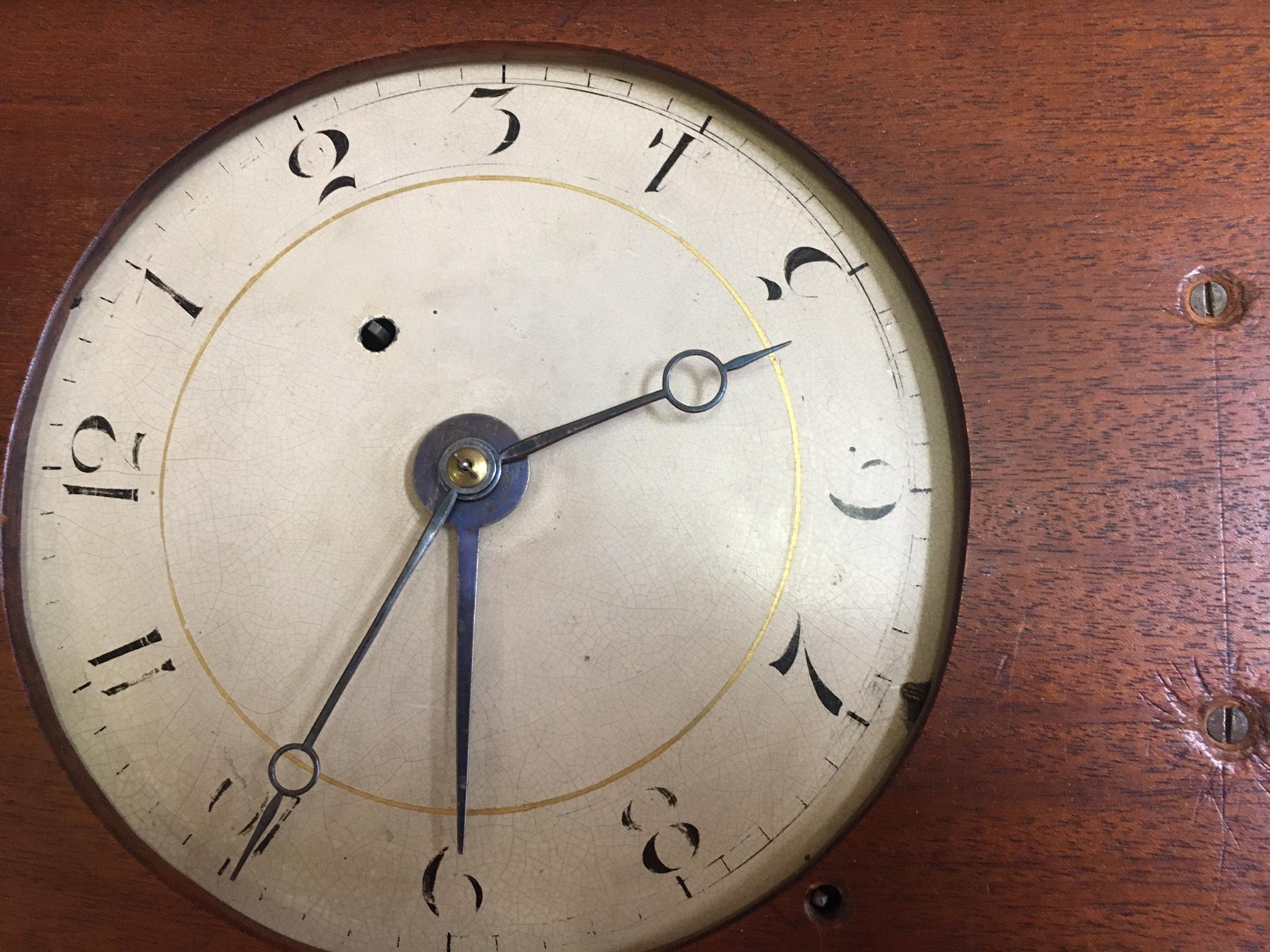 19th Century Mahogany Coffin Wall Alarm Clock by Elnathan Taber Roxbury, Massachusetts c1810 For Sale