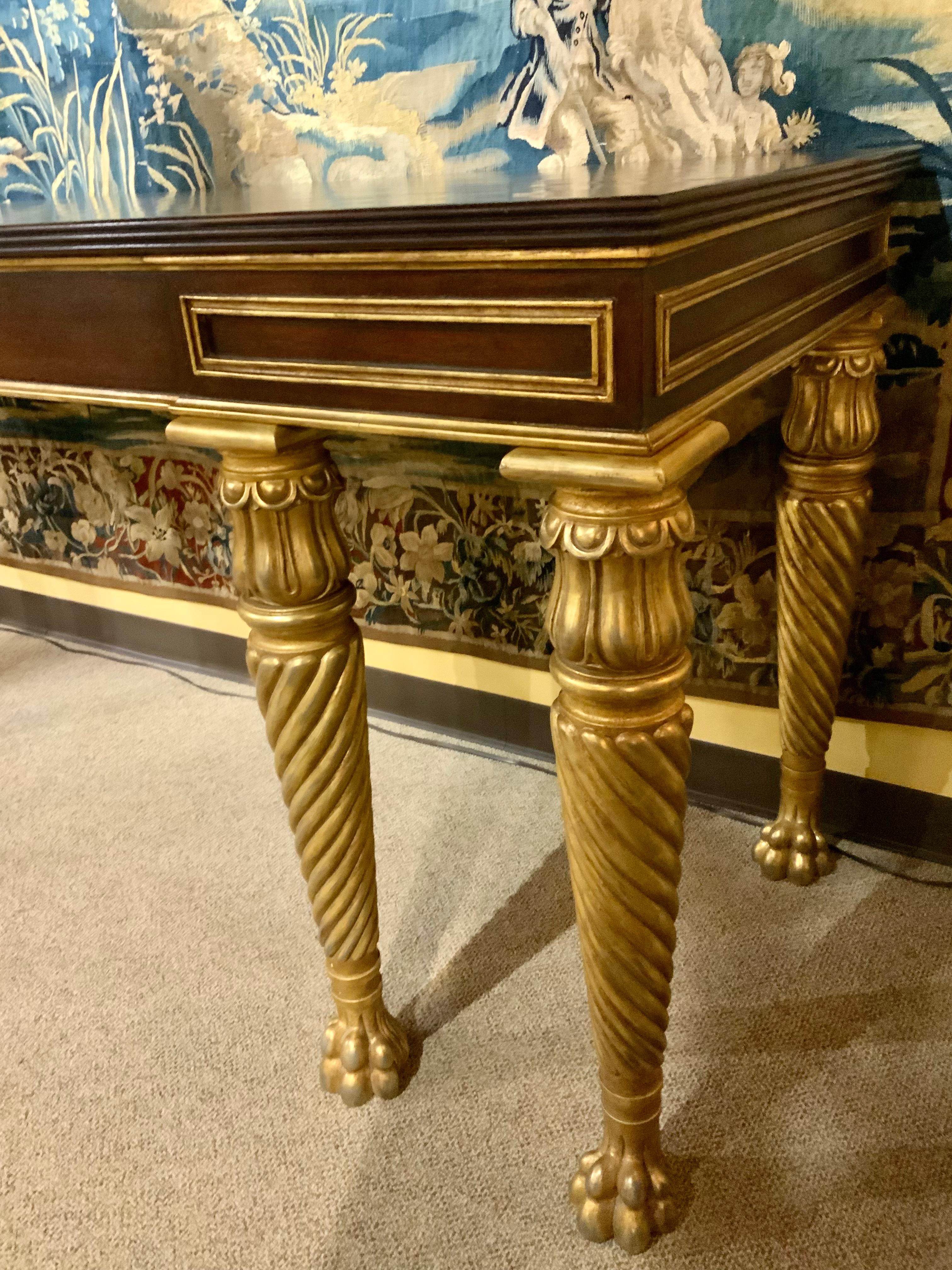 Mahogany Console with Gilt Carved Legs and Designs in Neoclassical Taste In Excellent Condition For Sale In Houston, TX