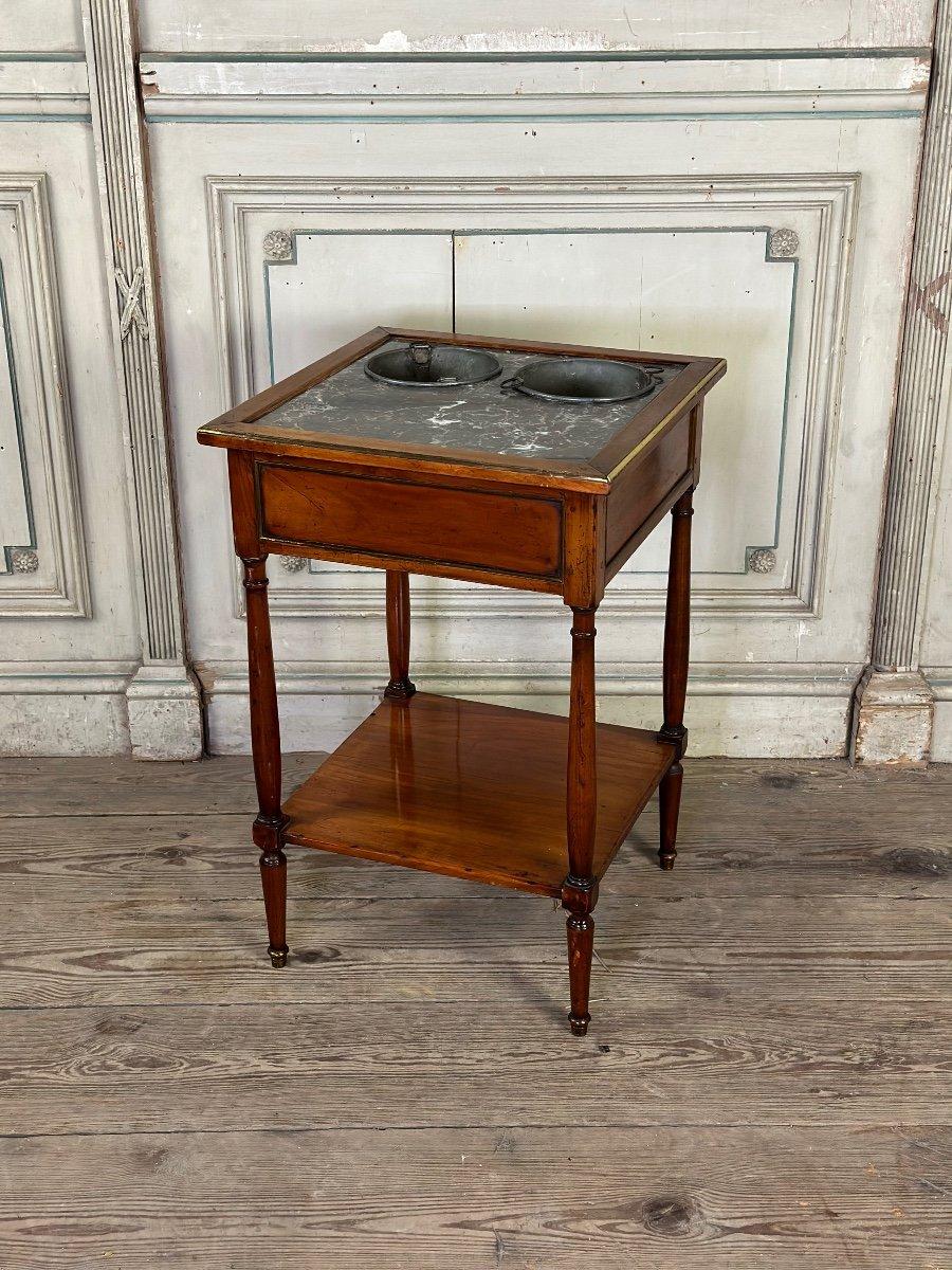 Louis XVI Mahogany Cooling Table, Gray Marble Top, Two Zinc Buckets, 18th Century For Sale