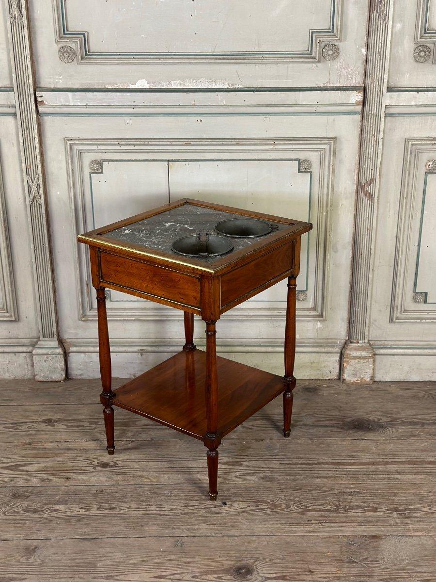 French Mahogany Cooling Table, Gray Marble Top, Two Zinc Buckets, 18th Century For Sale