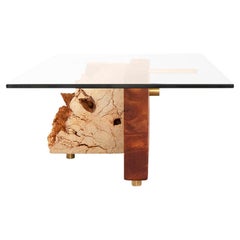 Captivating Salvaged Mahogany and Coral Marble Coffee Table with Quartz Particle