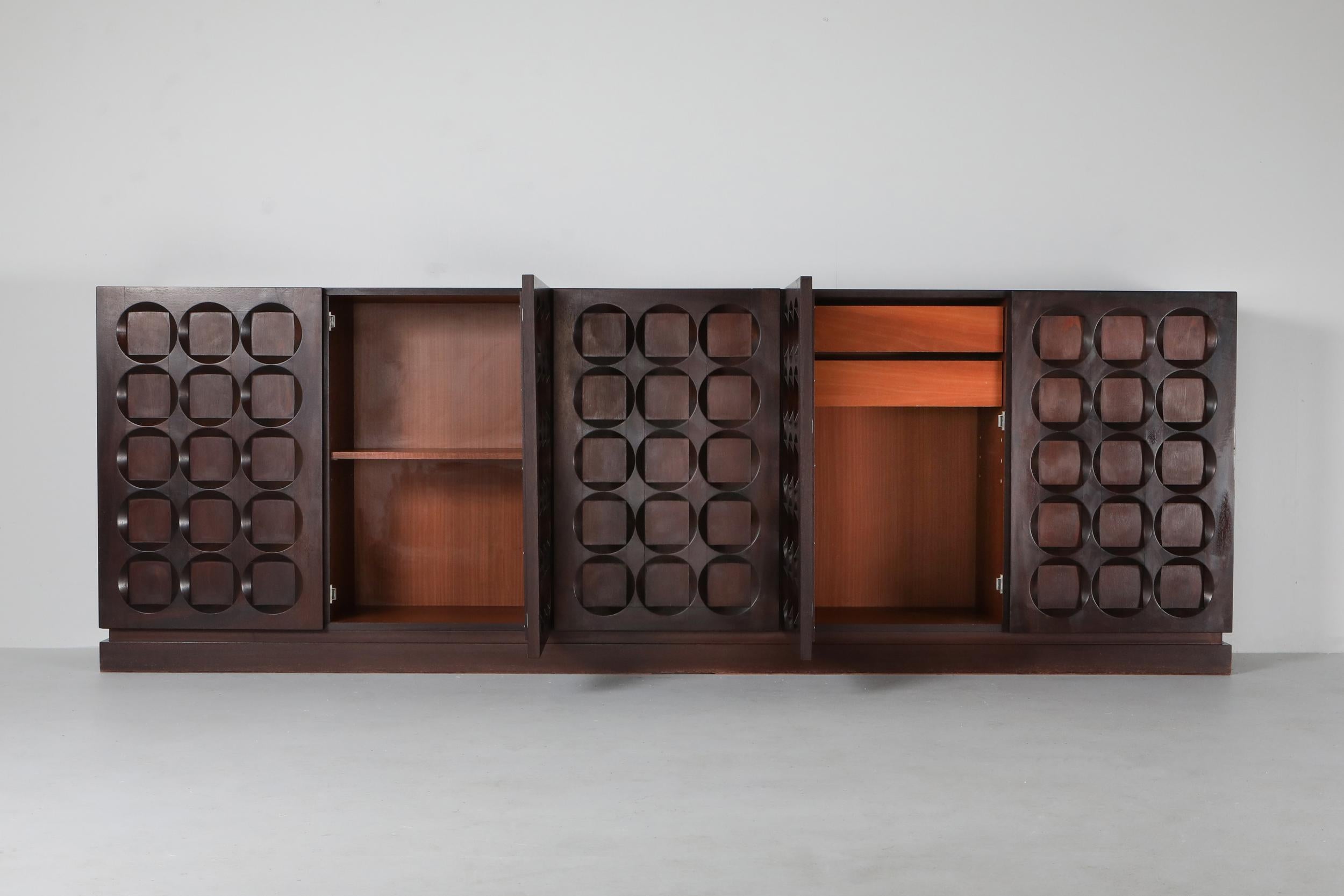 Belgian Mahogany Credenza with Geometrical Patterned Doors