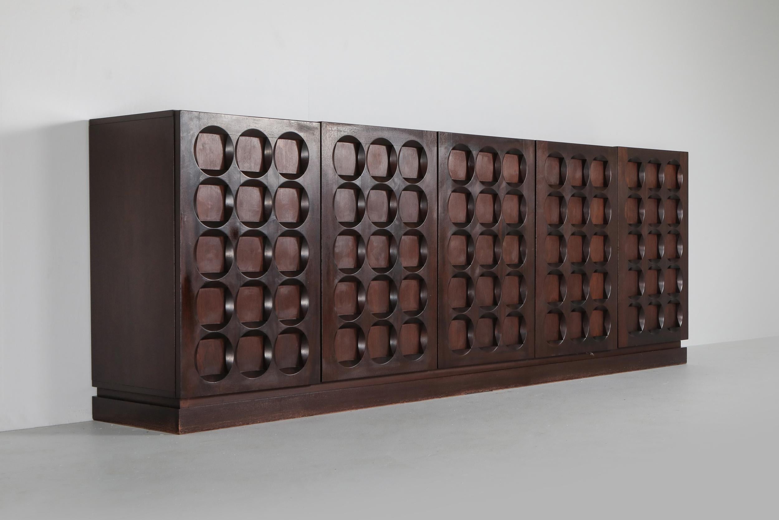Late 20th Century Mahogany Credenza with Geometrical Patterned Doors