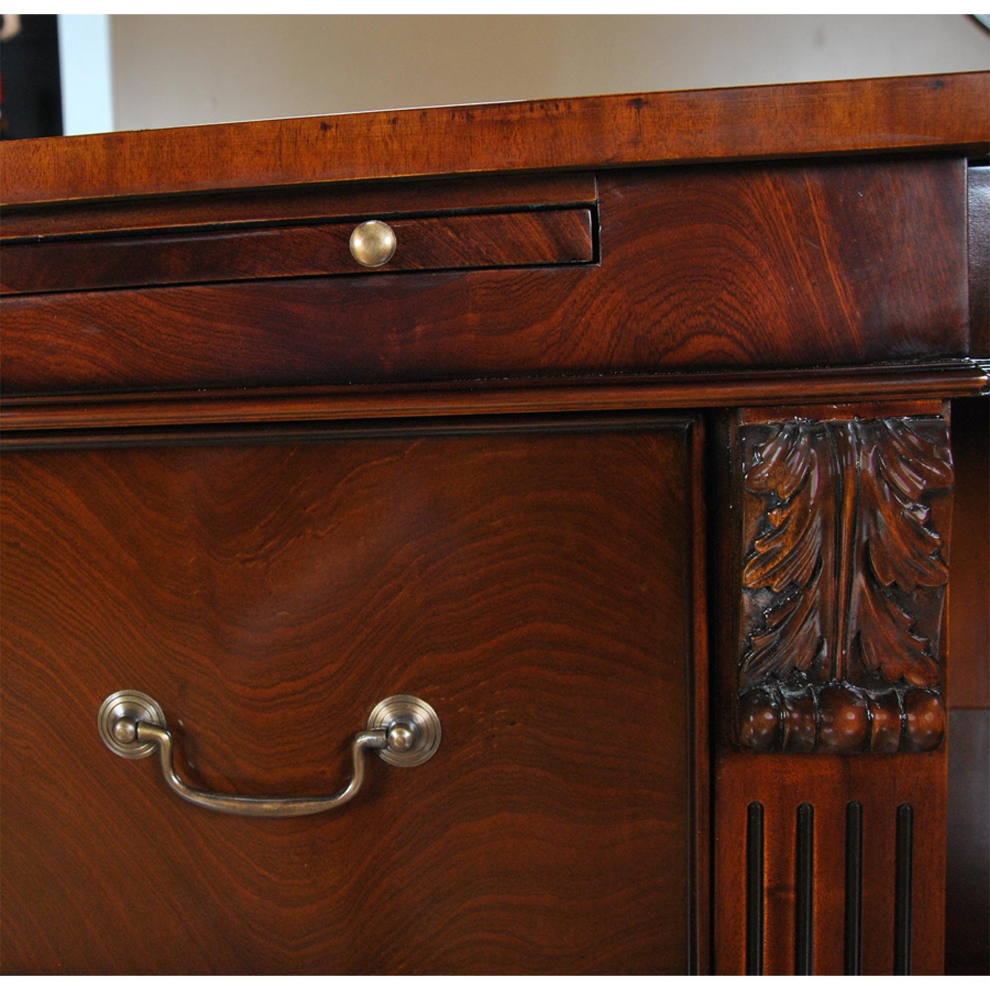 Hand-Carved Mahogany Credenza with Pullout Slide For Sale